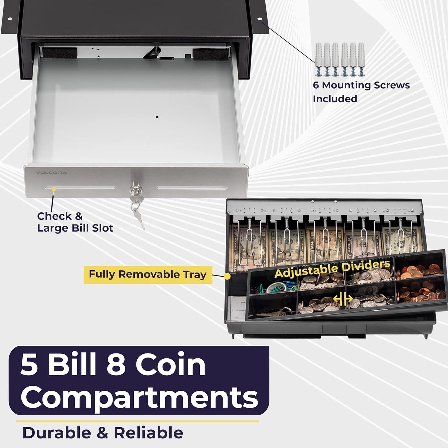 Volcora Cash Register Drawer with Under Counter Mounting Bracket- 16" Black/Stainless Steel Front Drawer for POS, Fully Removable 2 Tier Cash Tray 5 Bill 8 Coin Compartment 24V RJ11/RJ12 Key-Lock