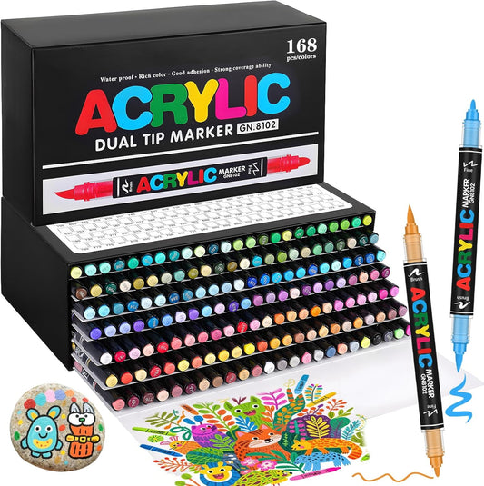 168 Colors Dual Tip Acrylic Paint Pens, 0.5-5MM Brush Tip & 1 MM Fine Tip Acrylic Paint Markers for Stone, Glass, Canvas, Rocks, Wood & More – Vibrant paint Markers and PAINT PENS for Crafting & DIY