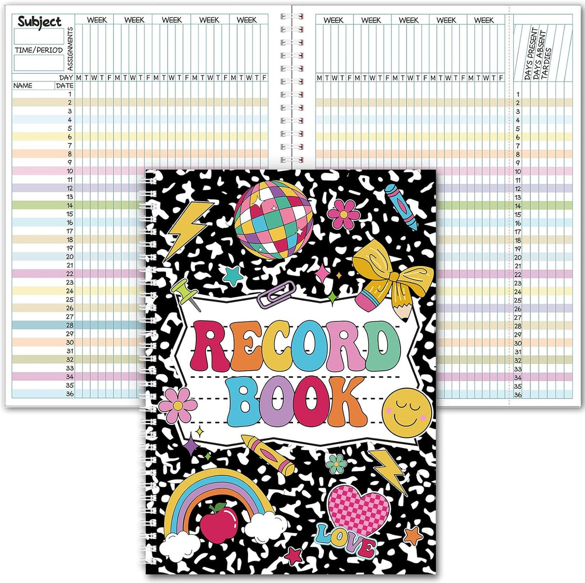 Teacher Record Book Teacher Grade Book Spiral Bound Record Class Gradebook Office Favors Gift for Classroom Attendance Decoration Double Sided Color Printing(Composition)