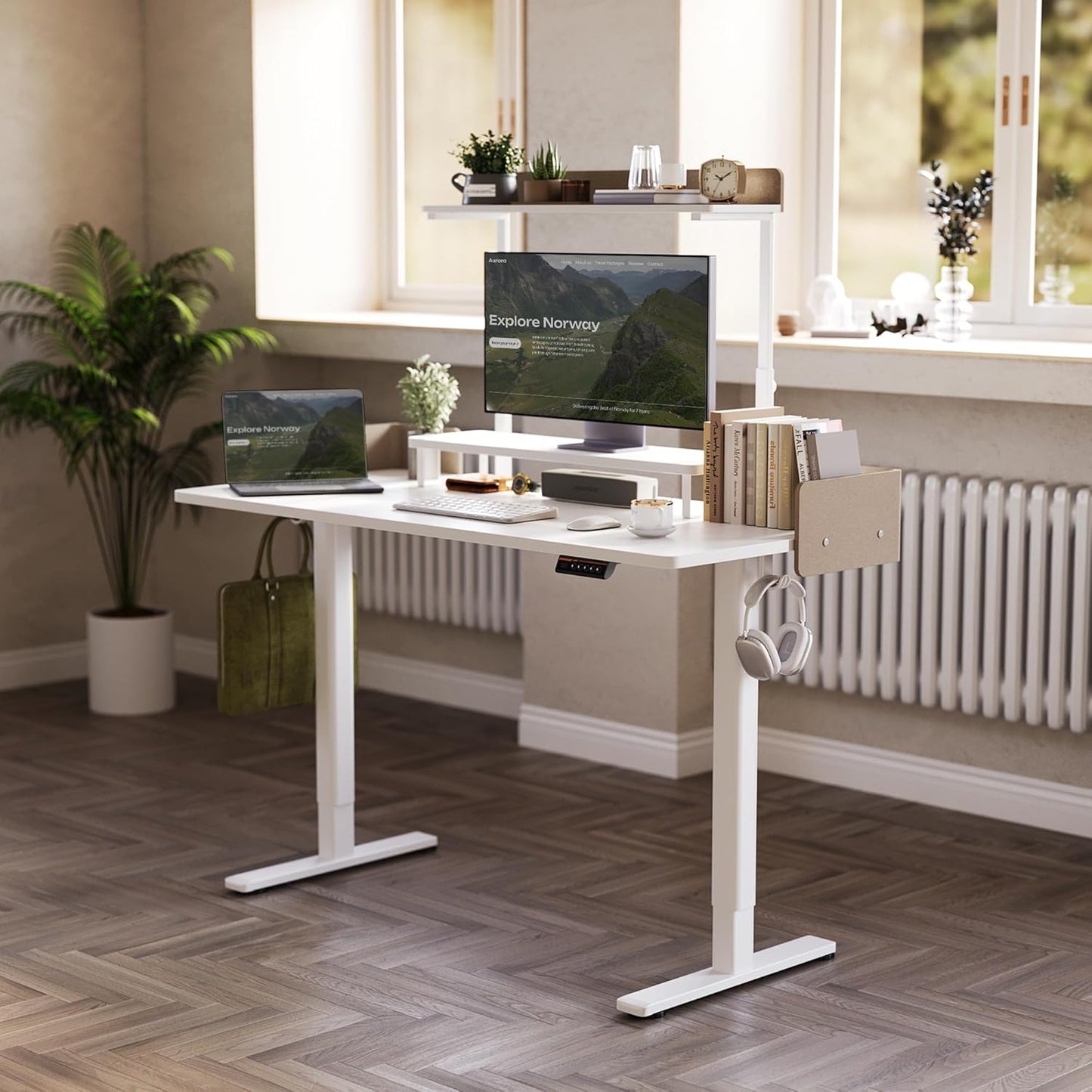 Claiks Adjustable Height Standing Desk, 55 x 24 Inches Electric Stand Up with Monitor Shelves Computer Desk Workstation for Home Office, White