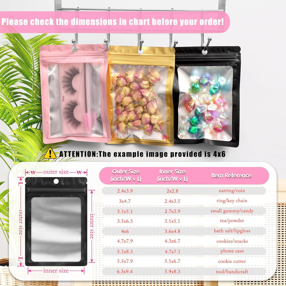 FUNFERY 100 Pack Mylar Resealable Bags Foil Packaging Bags with Clear Window,Zipper Bag Smell Proof Pouch for Food Storage,Cookies,Sample,Small Business(Black,4.7x7inch)