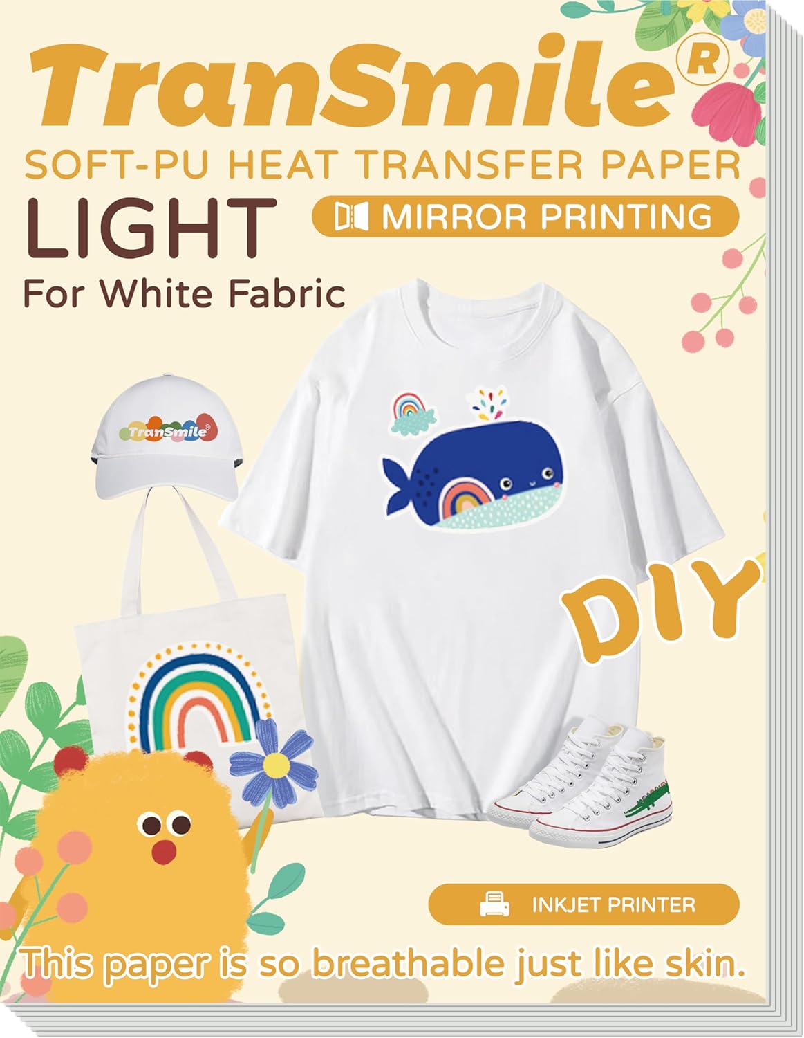 TranSmile PU-Heat Transfer Paper for Inkjet Printer (White, 10 Sheets, 8.5 x 11'') Printable Heat Transfer Vinyl for White Fabric, Iron on Transfers for T Shirts