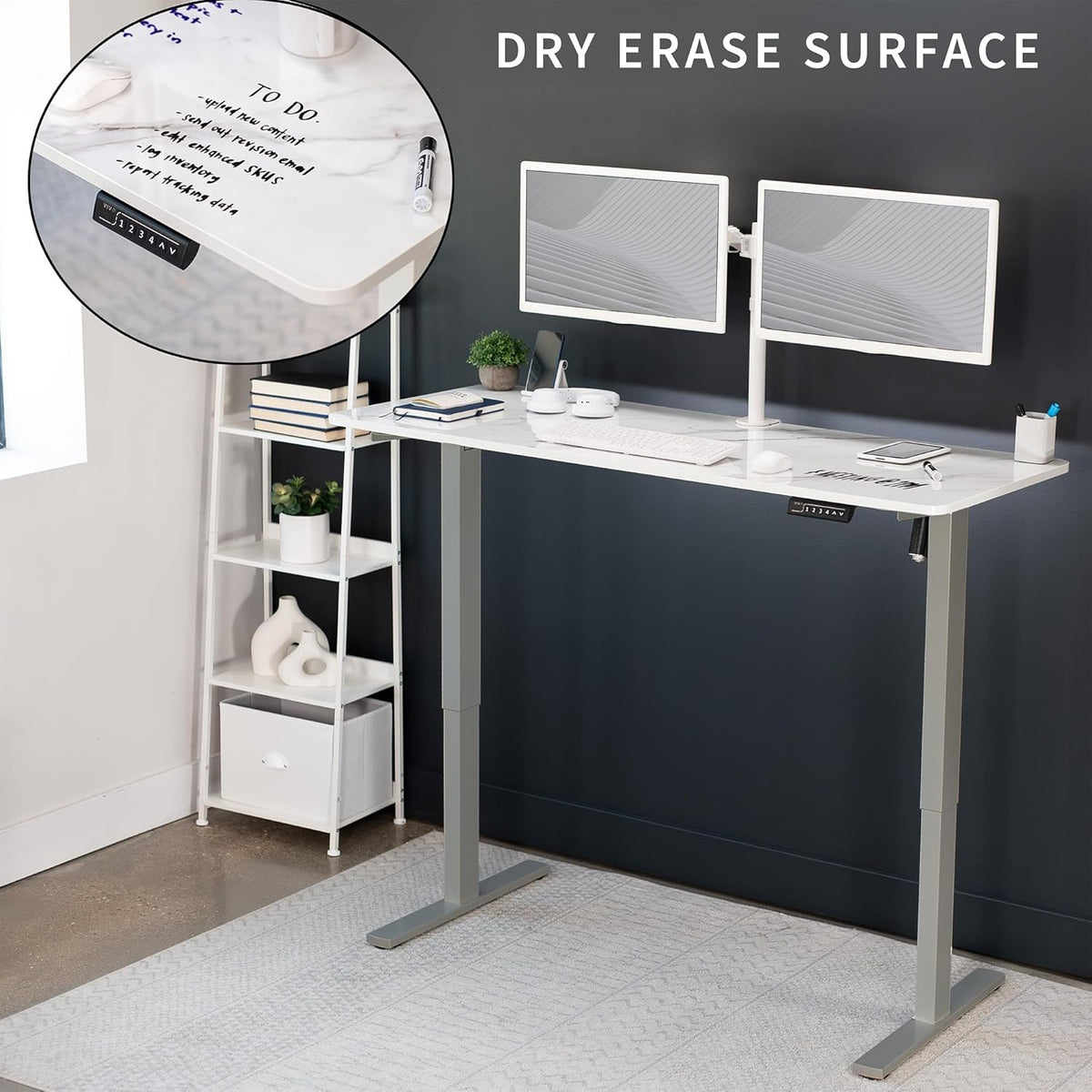 VIVO Electric Dry Erase 60 x 24 in Standing Desk, Memory Height Adjustment, 1B Series, White Marble Pattern Top, Gray Frame, DESK-KIT-1G6WM