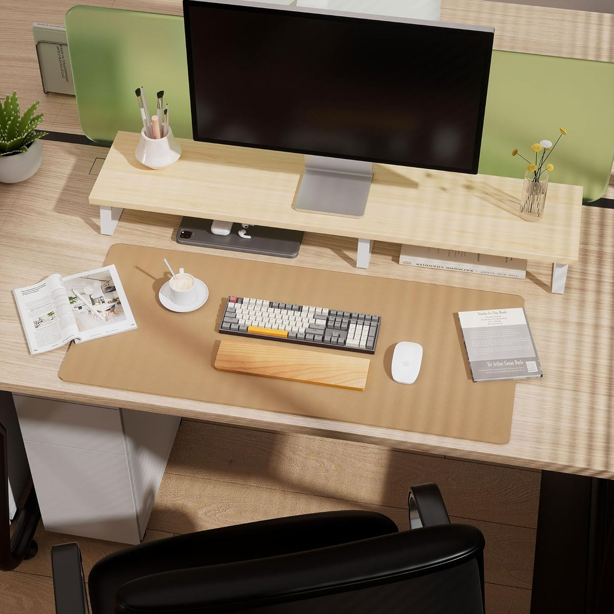 Aothia Dual-Sided Desk Mat - Leather & Cork Desk Protector, Large Mouse Pad & Writing Pad for Office/Home, Waterproof, Apricot (35.4" x 15.7")