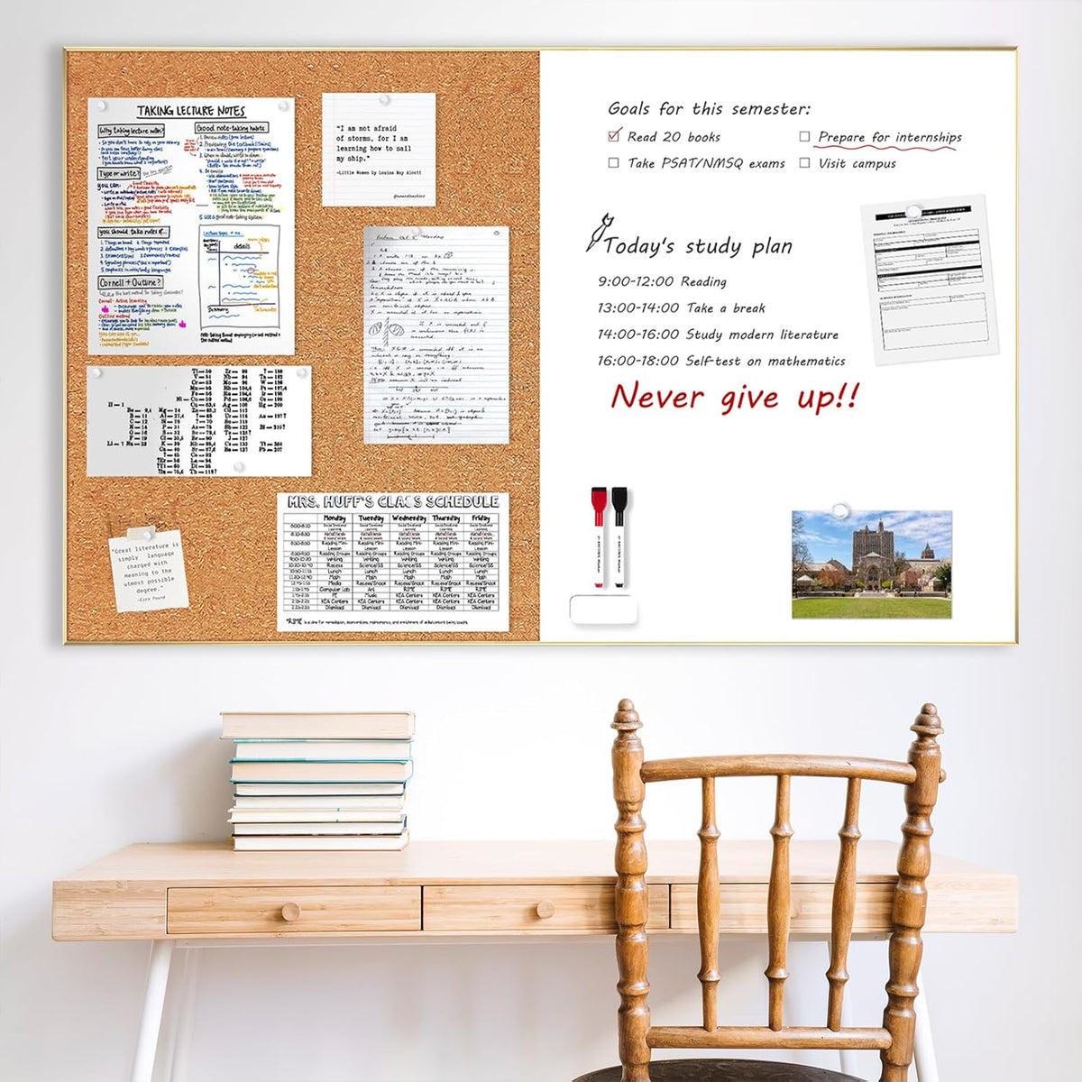 ARCOBIS Cork Board White Board Combo, Bulletin Board-Gold Frame, Magnetic Dry Erase Board & Corkboard for Wall, Vision Board for Home, Office, School (Gold, 48 x 30)