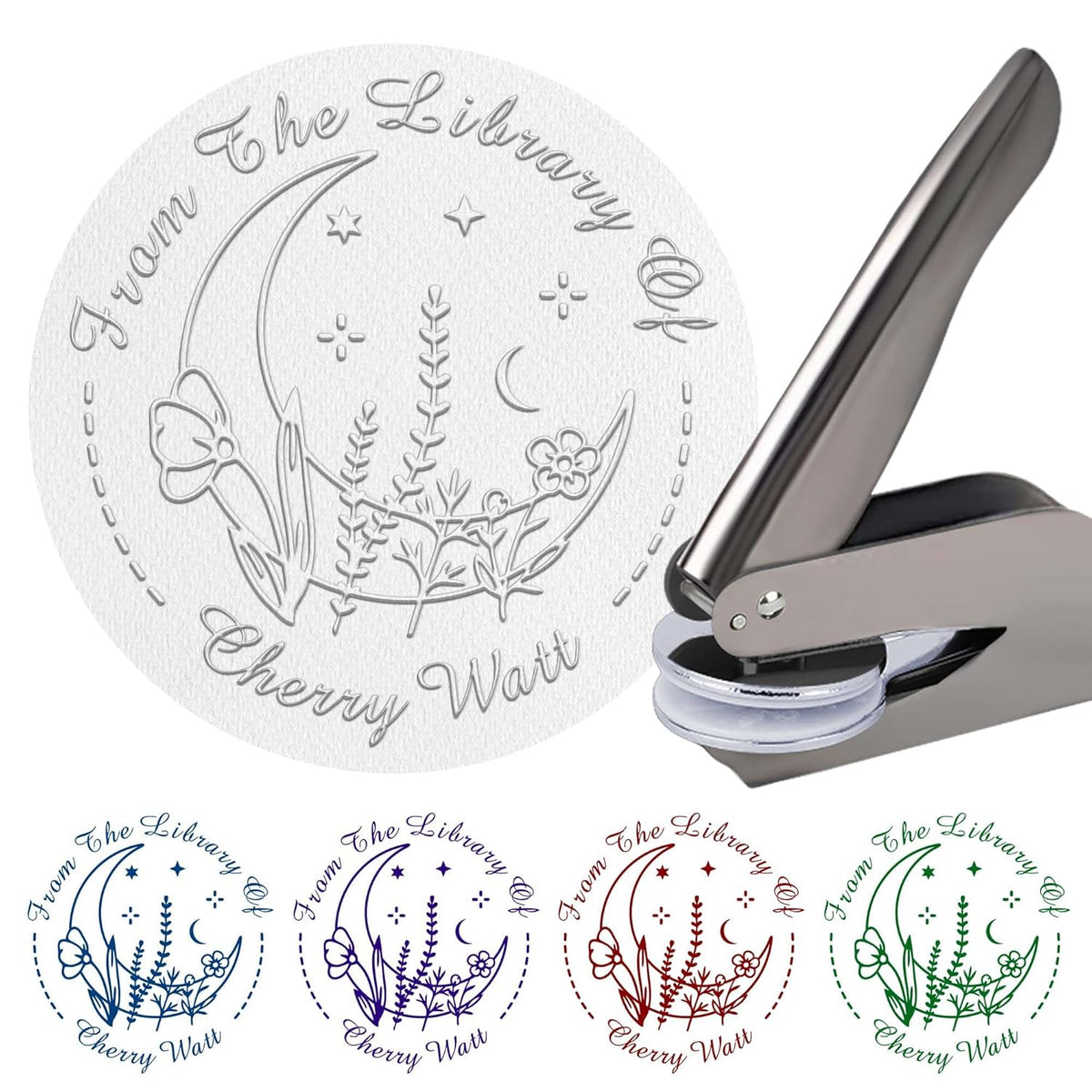 Customized Book Embosser Color Moon Plants Stamp with Your Name or Design Flower Personalized Library Embosser Stamp Custom Books Business Cards Paper Documents Notebooks etc. (Moon-01)