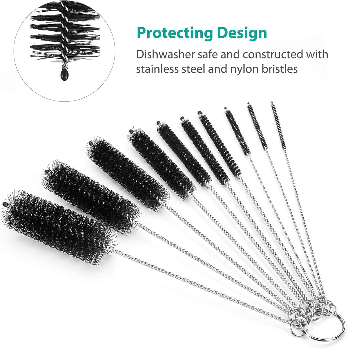 CiaraQ Bottle Cleaning Brushes, 8 Inch Nylon Tube Brush Set, Cleaner for Narrow Neck Bottles Cups with Hook, Set of 10pcs, Black
