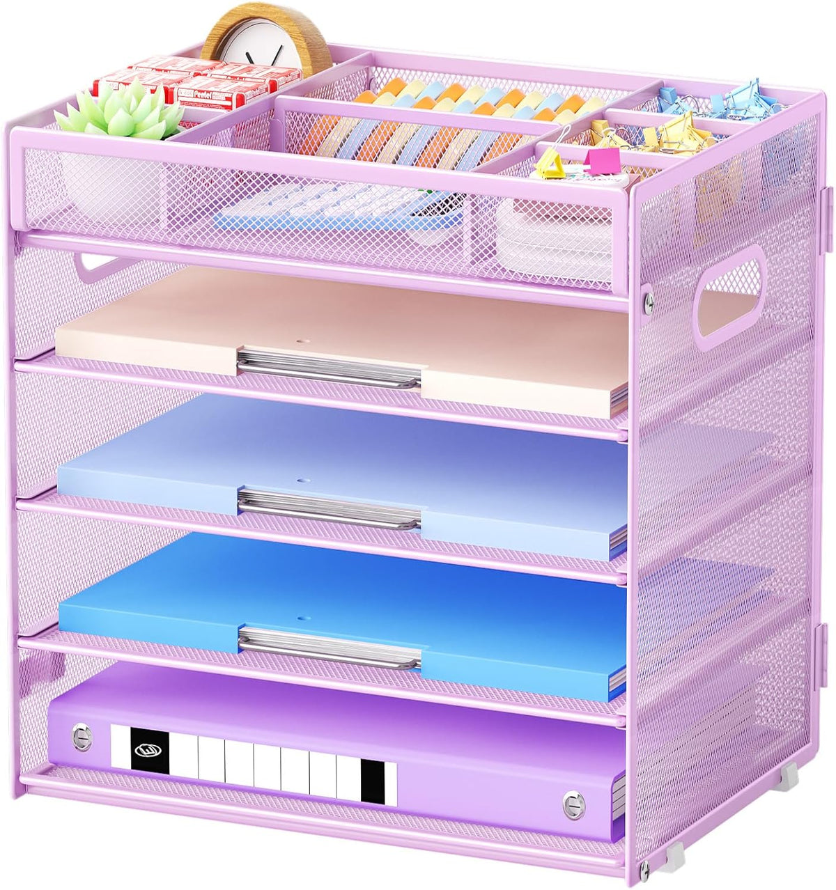 Marbrasse 5-Tier Letter Tray Paper Organizer with Handle, Multi-Functional Mesh File Organizer for Desk, Adjustable Compartments Mesh Desktop Storage for Office Supplies, Purple