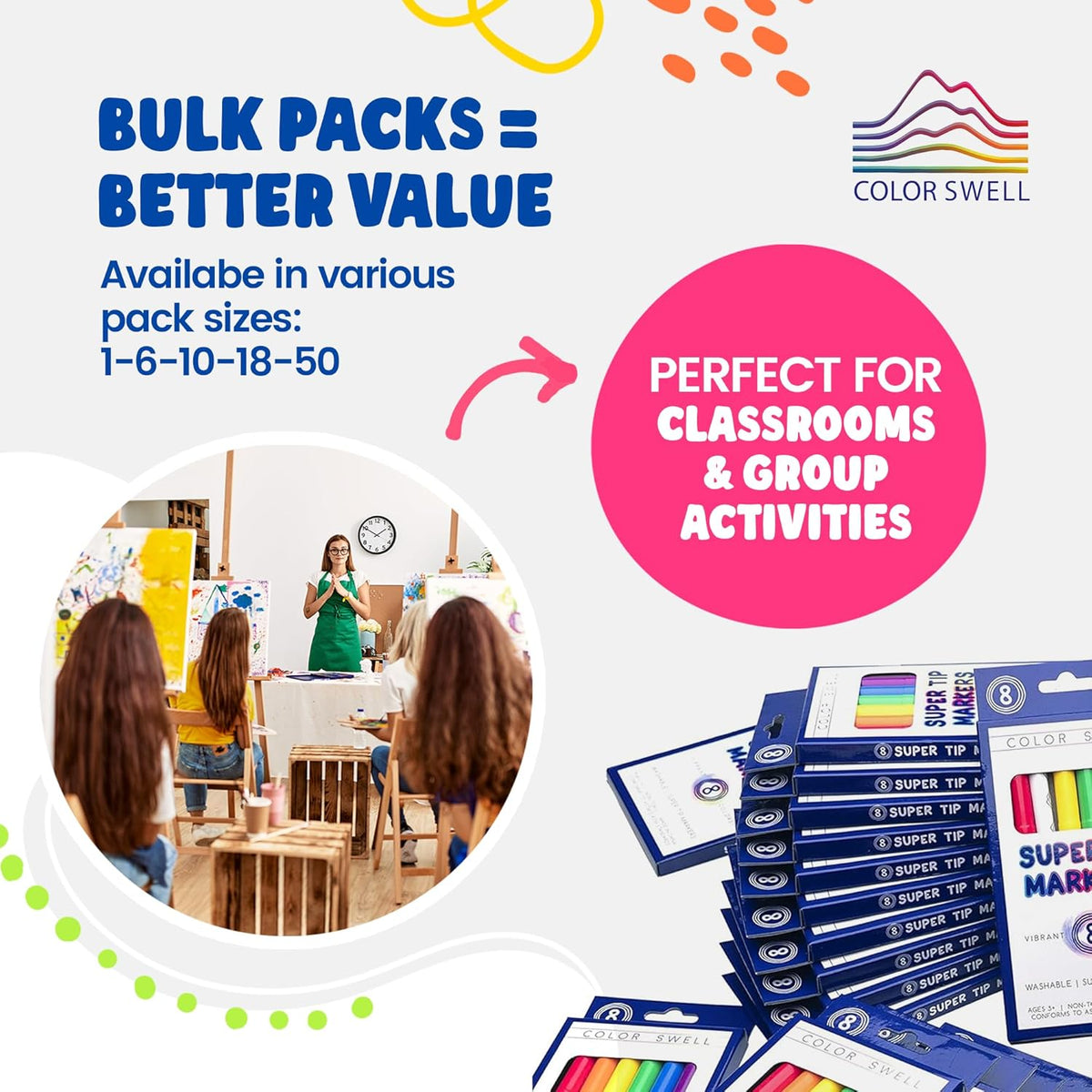 Color Swell Washable Bulk Markers Pack 36 Boxes of 8 Vibrant Colors Each (288 Total Super Tip Markers) for All Ages, Parties, Classrooms, Home