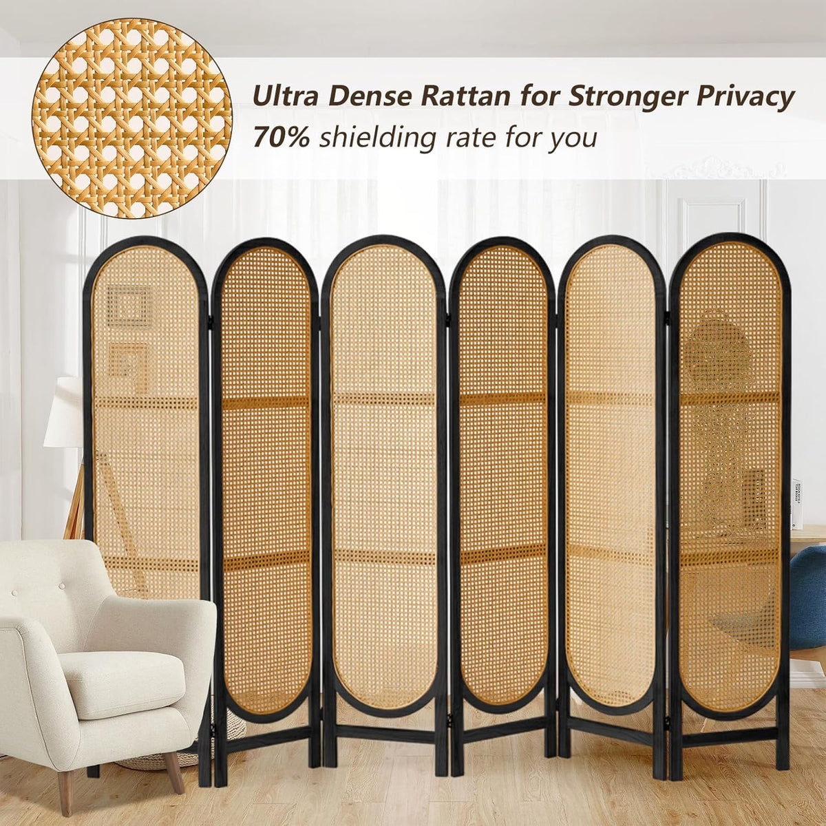 6 Panels Room Dividers and Hand-Woven Rattan Room Divider Wall, Wood Room Divider Folding Privacy Screens for Home Office Bedroom, Black