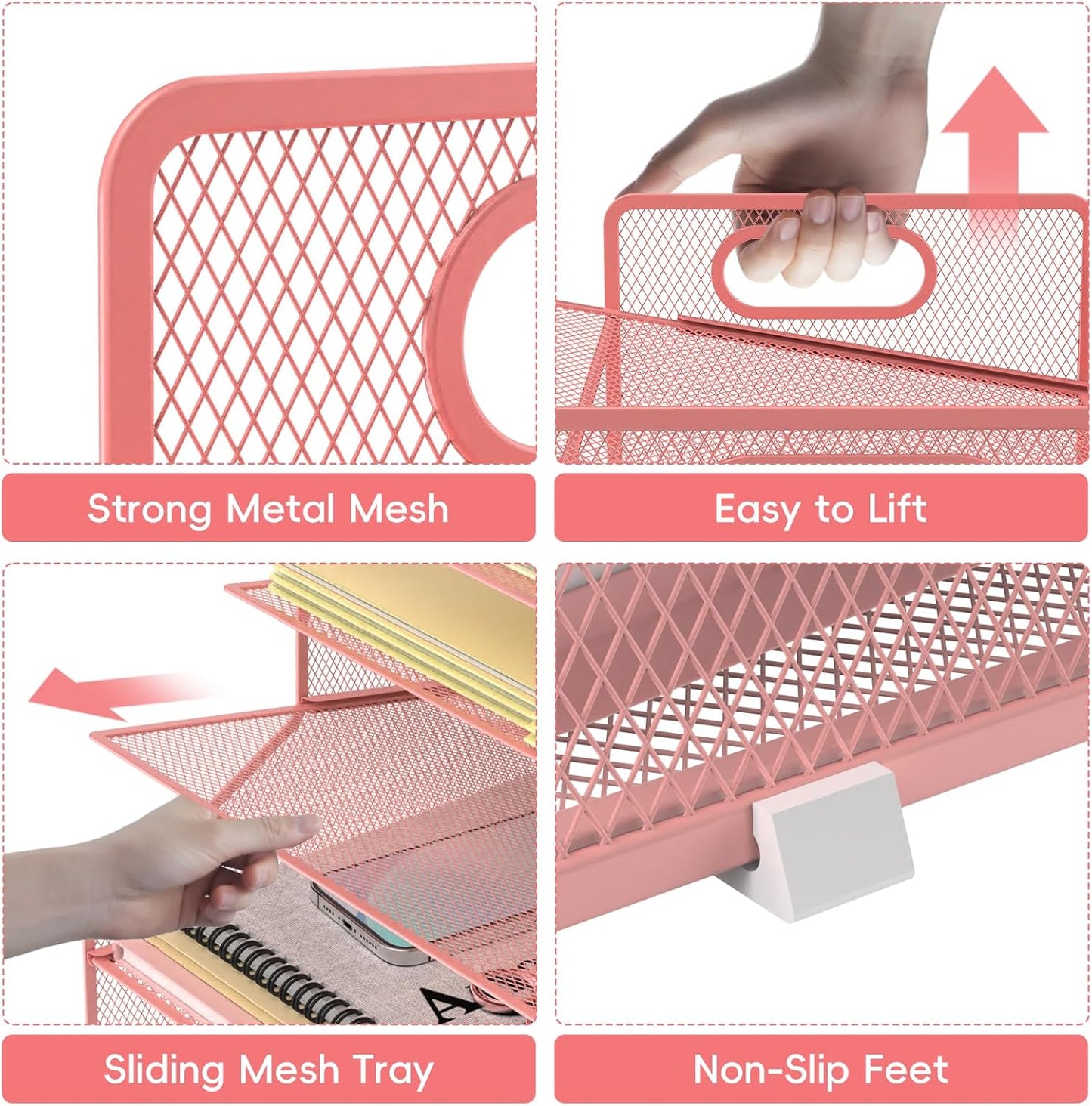 SUPEASY 5-Tier Desk File Organizer, Metal Letter Paper Tray, Desk Organizers and Accessories for Home Office Supplies, Pink