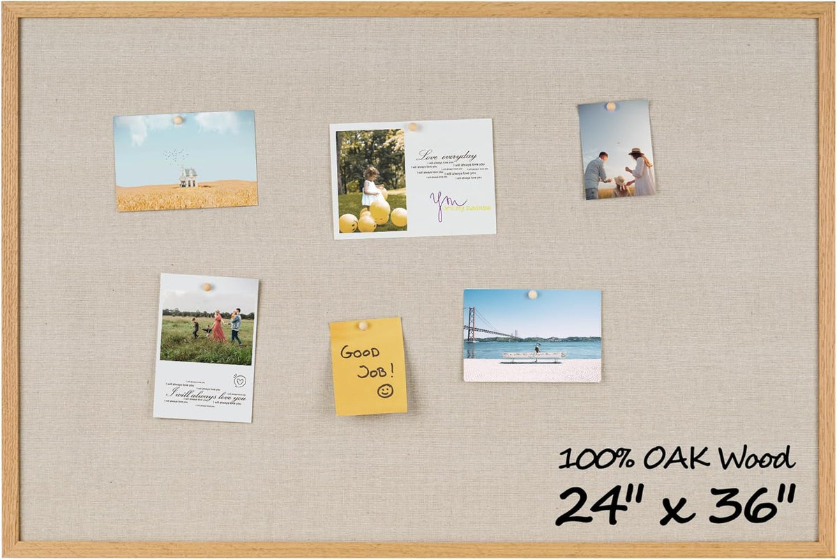Fun Memories Cork Bulletin Board 24x36 Inches with Oak Wood Frame, Large Wall Mounted Pin Board for Office, Home & School - Includes Thumb Tacks & Hooks (Natural)