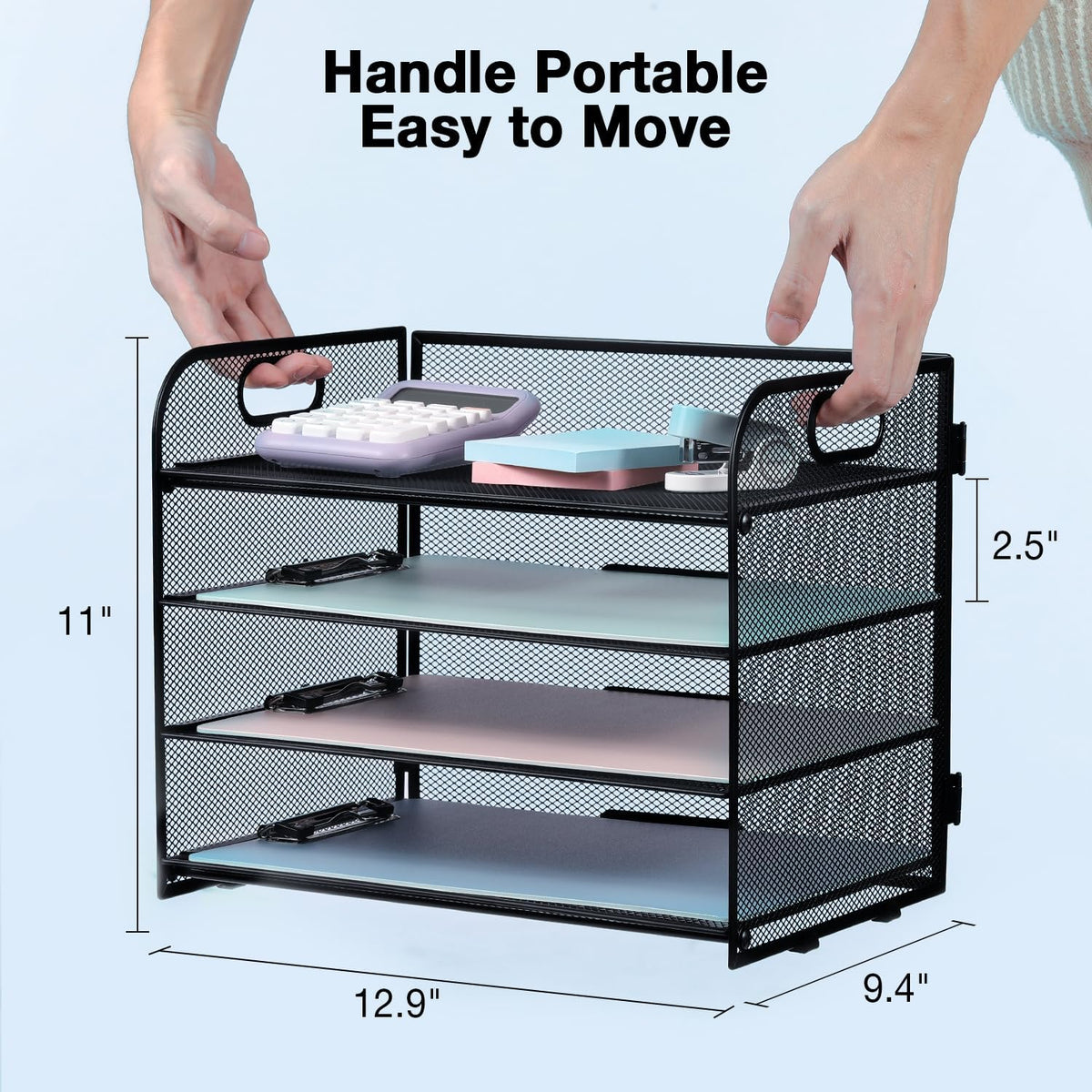 4-Tier Mesh Letter Tray Paper Organizer, Desk File Organizer with Handle - Black