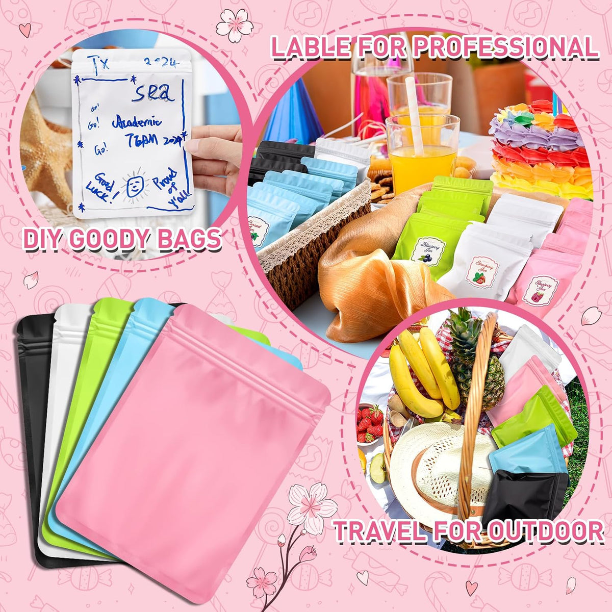 Funfery 100 Pack Pink Mylar Packaging Bags Resealable Bags Double Sided Color Odor Proof Pouch Baggies Smell Proof Foil Bag for Food Storage,Small Business(Pink,3x4inch)