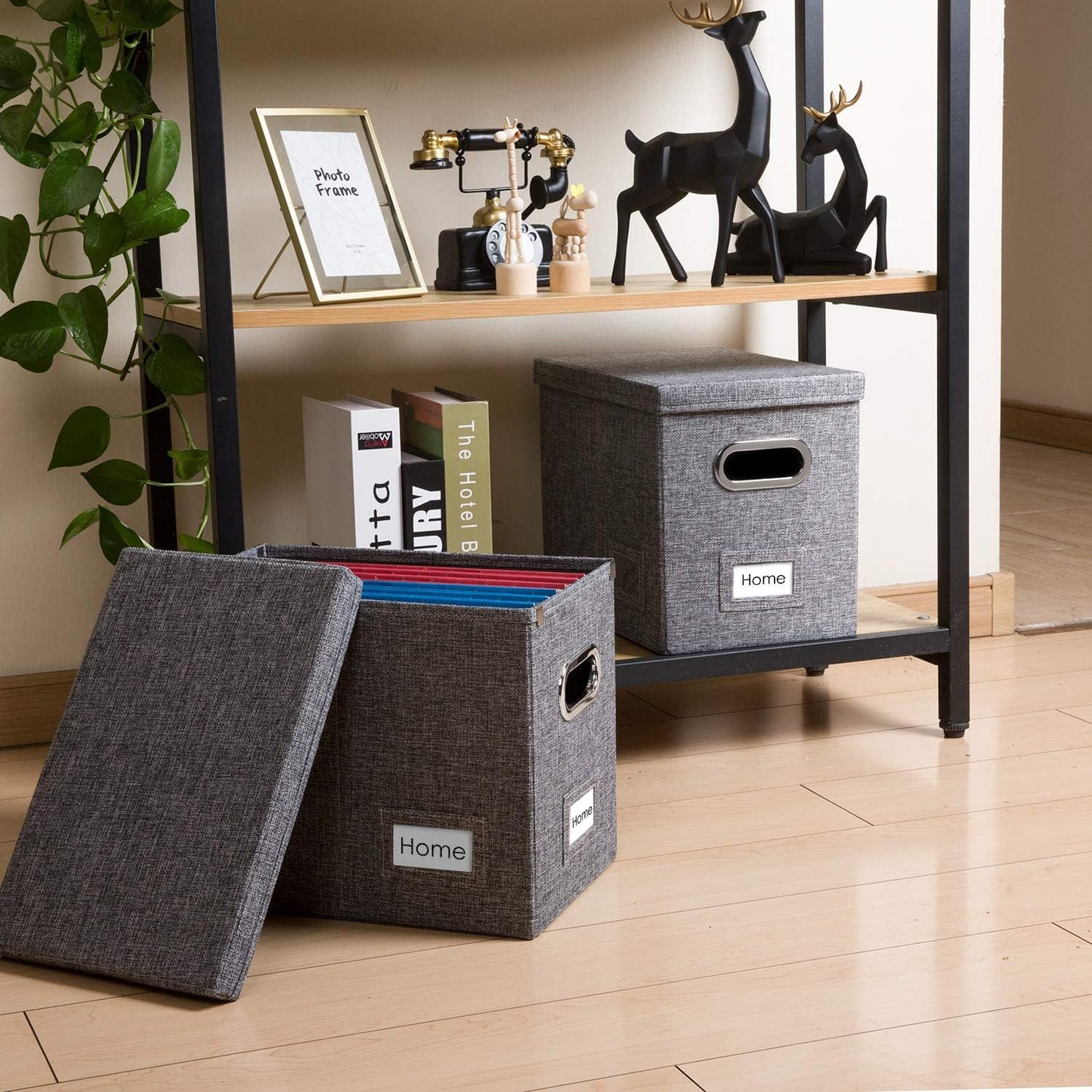 PRANDOM File Organizer Box - Set of 4 Collapsible Decorative Linen Filing Storage Hanging File Folders with Lids Office Cabinet Letter Size Grey (14x9.3x10.8 inch)