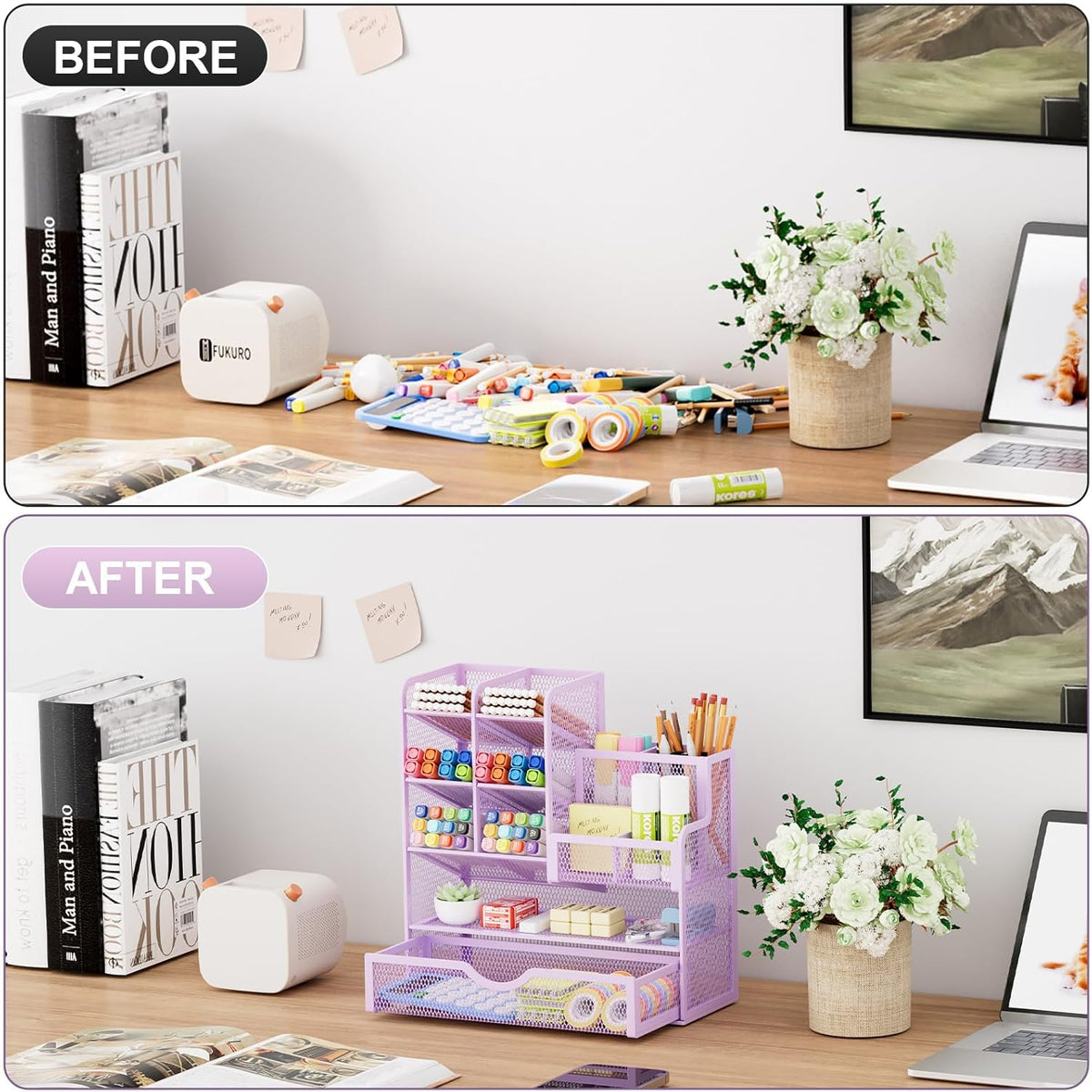 Marbrasse Mesh Pen Holder for Desk, Multi-Functional Pencil Organizer with Drawer, Desk Organizers and Accessories for Office Art Supplies (Purple)