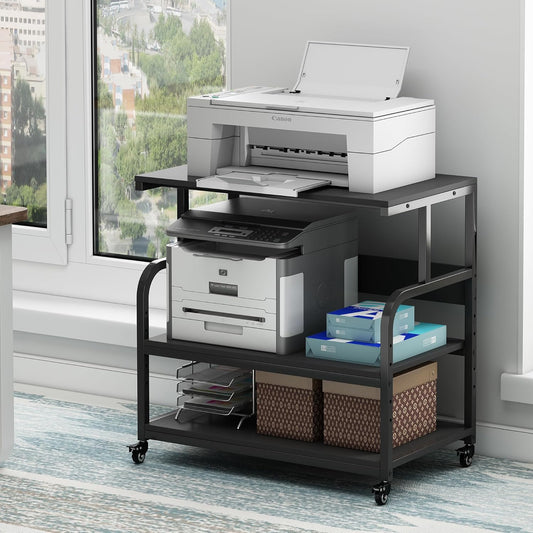 32.3" x 18.9" Extra Large Printer Stand Table with Adjustable Storage Shelf, 3 Tier Rolling Printer Cart with Industrial Wheels for Home Office, Black