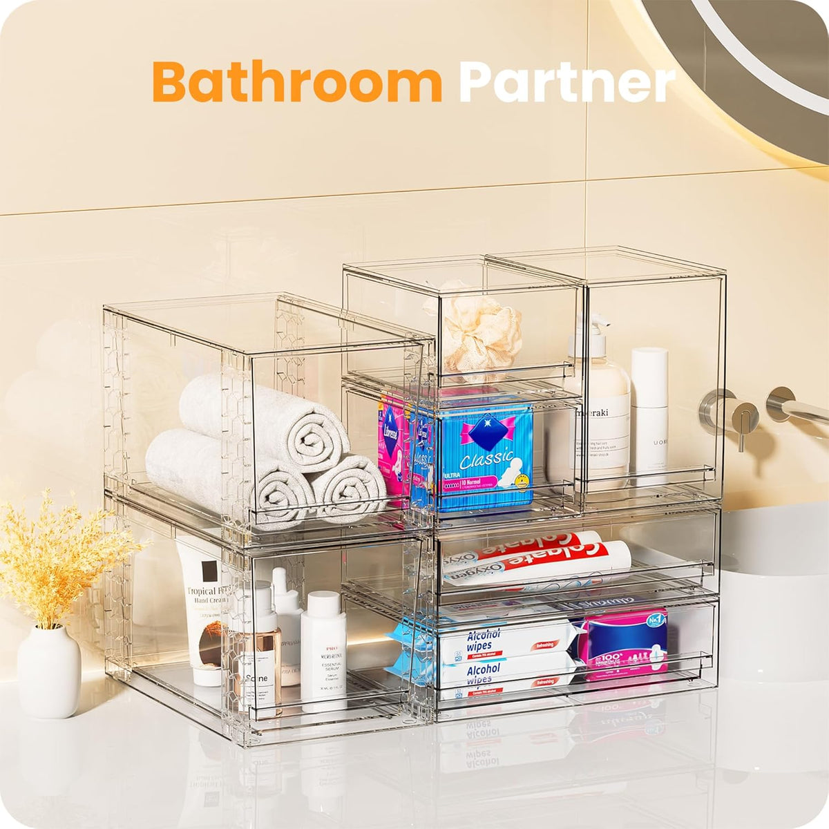 A-LuGei 【𝟰𝗣𝗖𝗦】 Acrylic Stackable Storage Drawers, 8.7" H Makeup Organizer, Bathroom Organizer and Storage, Plastic Storage Bins for Kitchen Cabinet Pantry Medicine Fridge