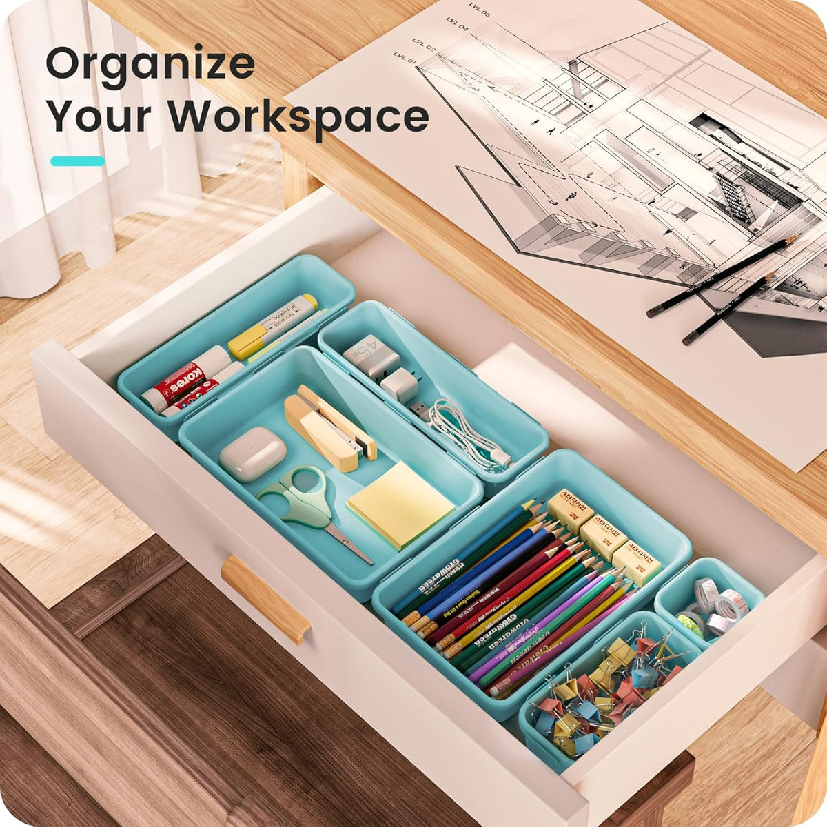 【28PCS】A-LUGEI Drawer Organizer, Bathroom Organizers and Storage, Makeup organizer, Desk drawer organizer, Storage Bins for Kitchen Office Bedroom Vanity Jewelry Pantry Garage【Black】【4Size】