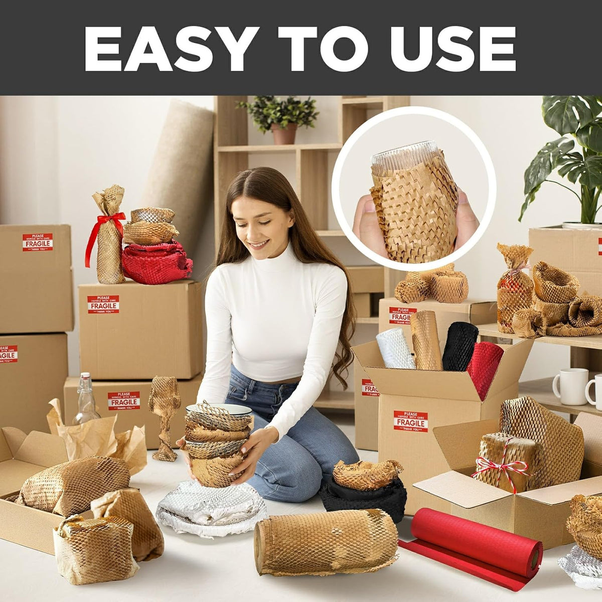 Honeycomb Packing Paper, 12"x200' Black | Perforated Honeycomb Packing Paper Recyclable Moving Supplies for Shipping & Moving | Plastic-Free Alternative to Bubble Cushion Wrap with 36 Fragile Stickers