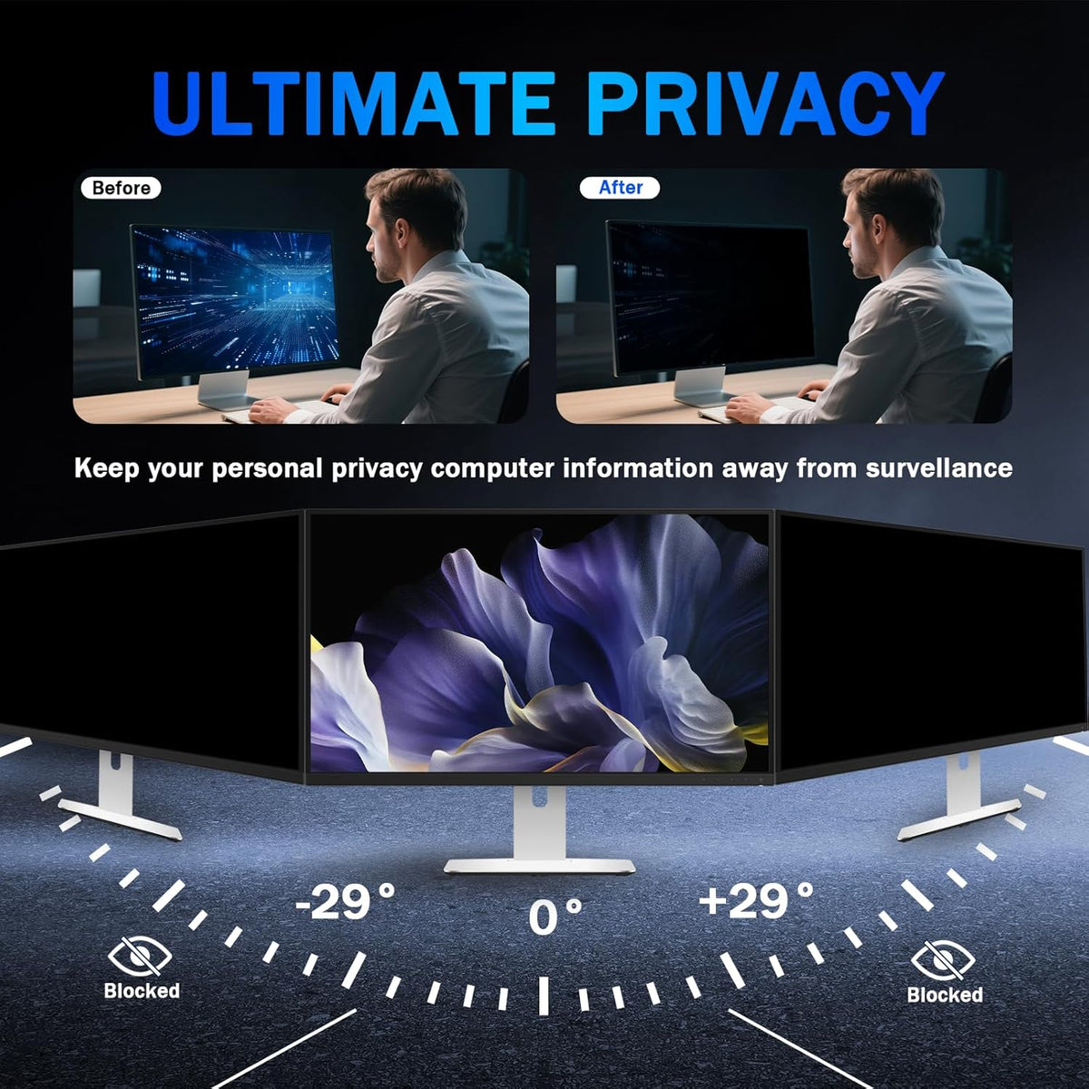 [2 Pack] Magnetic Computer Privacy Screen Filter 24 Inch for Frameless Monitor 16:9 Aspect Ratio, Removable Anti Glare Blue Light Protector, Double Sided Reversible Eye Care 24in Film