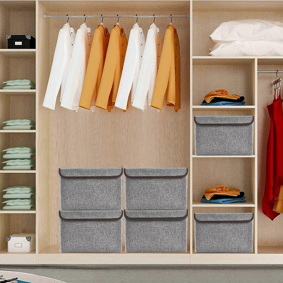 Large 22 Quart Linen Fabric Foldable Storage Bin Cube Organizer Basket with Flip-Top Lid & Handles, Clothes Blanket Box for Home, Office, Closet, Gray, 4 Pack 14.6 x 9.5 x 9.5”