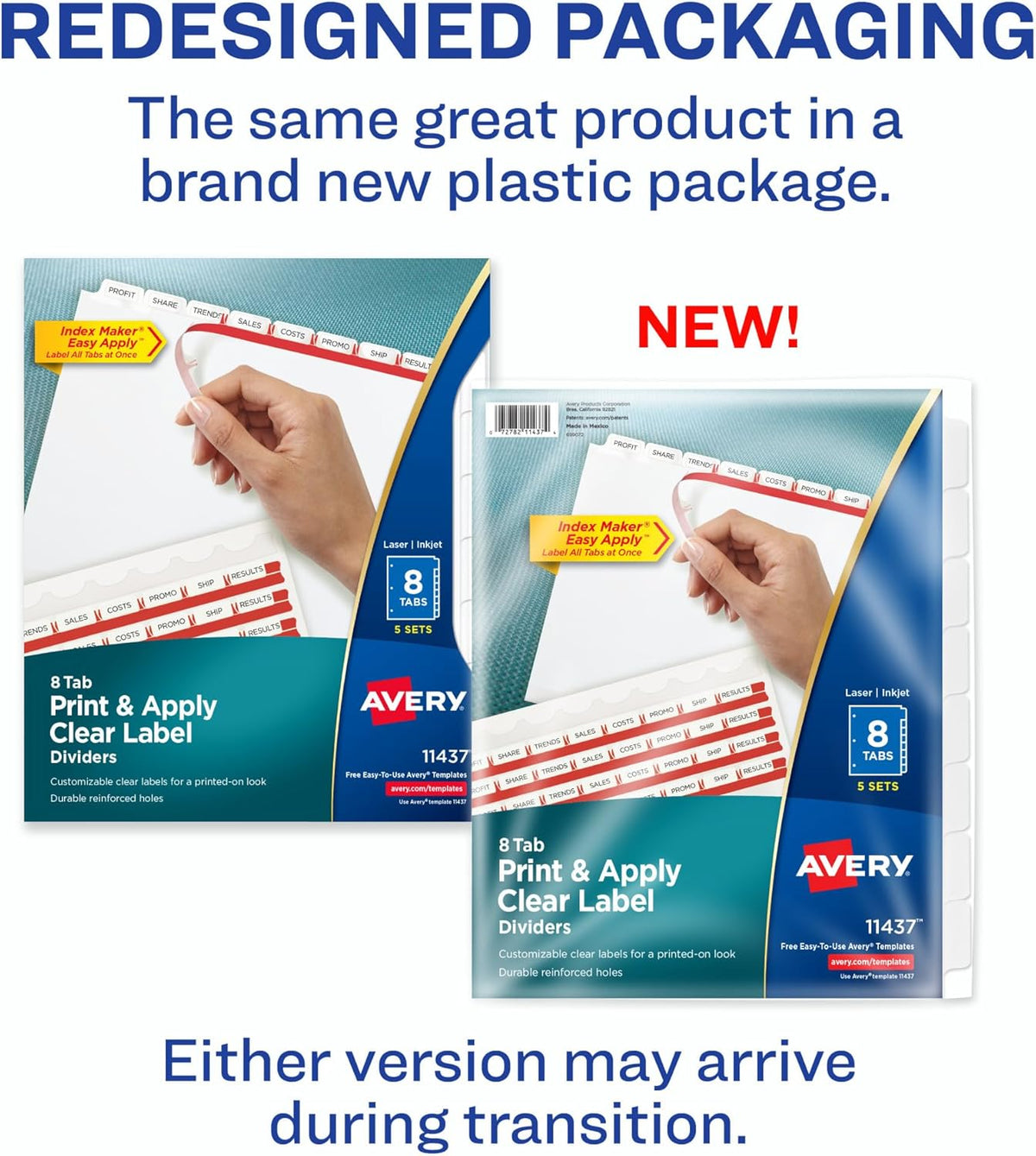 Avery 8 Tab Dividers for 3 Ring Binder, Easy Print & Apply Clear Label Strip, Index Maker Customizable White Tabs, 5 Sets (11437)