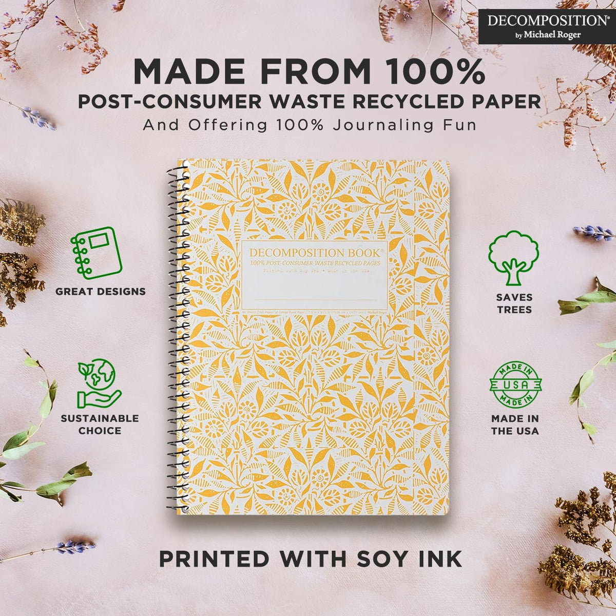 Decomposition Fields of Plenty College Ruled Spiral Notebook - 9.75 x 7.5 Journal with 160 Lined Pages - 100% Recycled Paper - Cute Notebooks for School Supplies, Home & Office - Made in USA