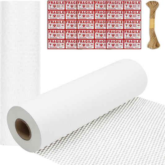 Honeycomb Packing Paper PINENUTS 15" x 131' Eco Friendly Packing Paper for Moving Recyclable Honeycomb Paper Bubble Paper Wrapping with 30 Fragile Sticker Labels and 66fthemp rope (White)