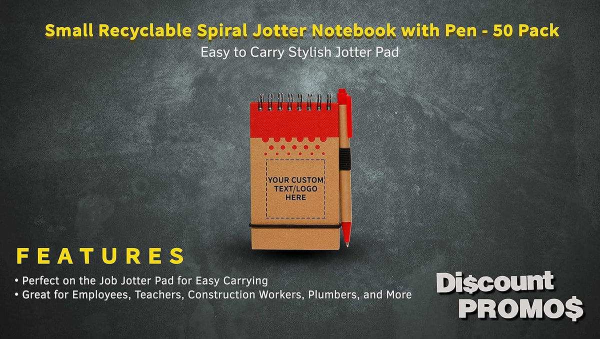 DISCOUNT PROMOS 50 Recyclable Spiral Small Notebooks Pack - Customizable Text, Logo - 60 Lined Pages - Red