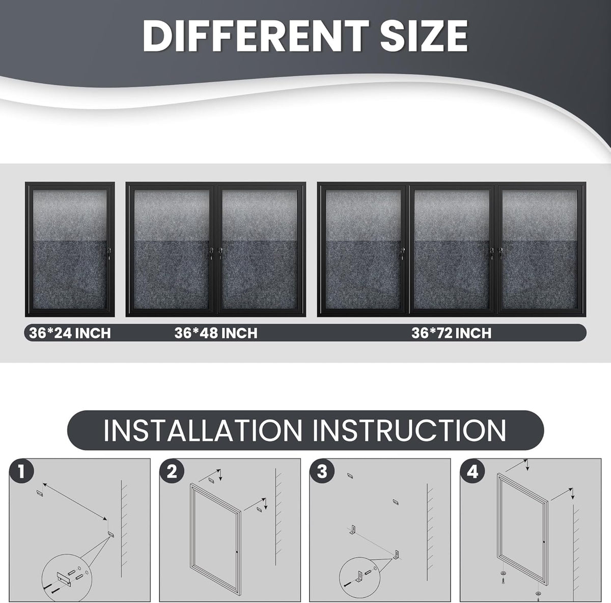 36"x24" Lockable Enclosed Bulletin Board, Outdoor Flet Weather-Resistant Aluminum Frame Notice Board, Wall Mounted Display Case Acrylic Doors for School,Office,Black Frame w/Grey Flet