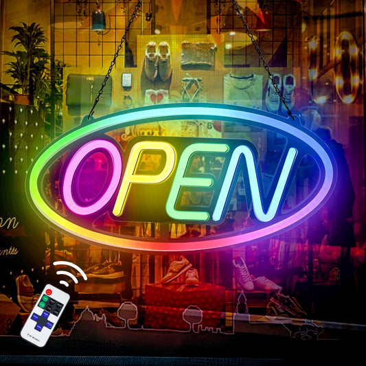 22" X 11" LED Neon Open Sign for Businesses – Ultra-Bright, Remote Control, Color Changing & Scrolling Modes | Adjustable Brightness/Speed | Energy-Efficient Light-Up Sign
