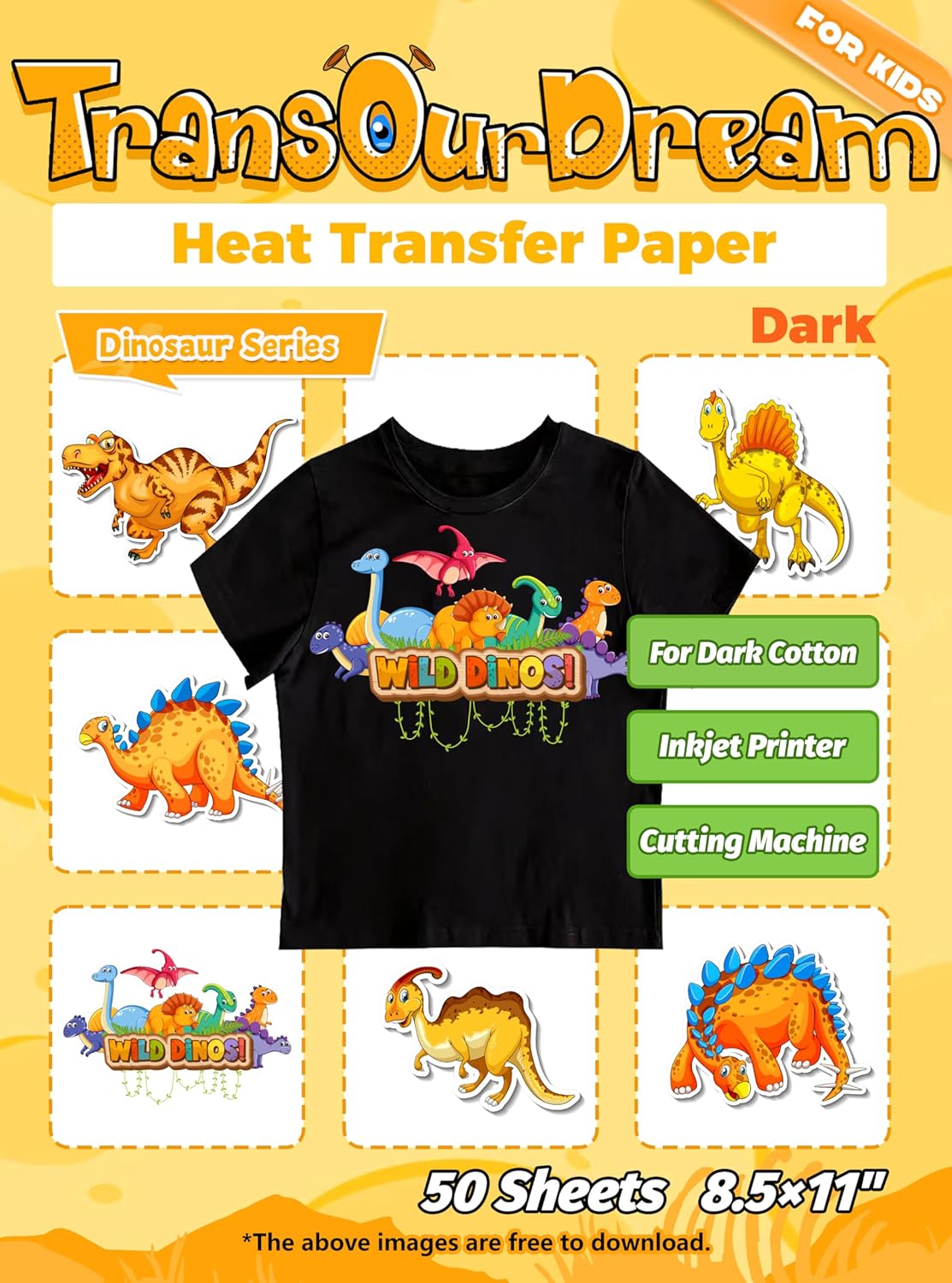TransOurDream Dark Heat Transfer Paper for Inkjet Printer (50 Sheets, 8.5x11") Iron on Transfers for Dark Fabric, Printable Heat Transfer Vinyl for T Shirts, Stretchable & Washable