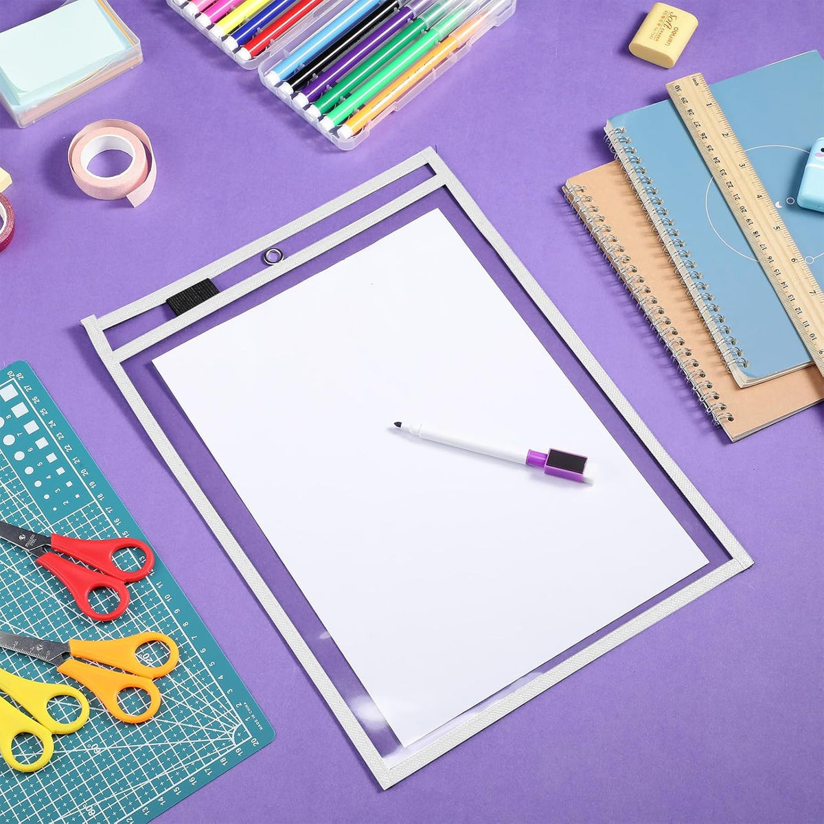 Nezyo Dry Erase Pockets Plastic Job Ticket Holders Shop Holder Order Pockets Clear Sleeves Tickets Folders Plastic Sleeves Paper Teacher Supplies for Classroom(14 x 10 in,White,50 Pcs)