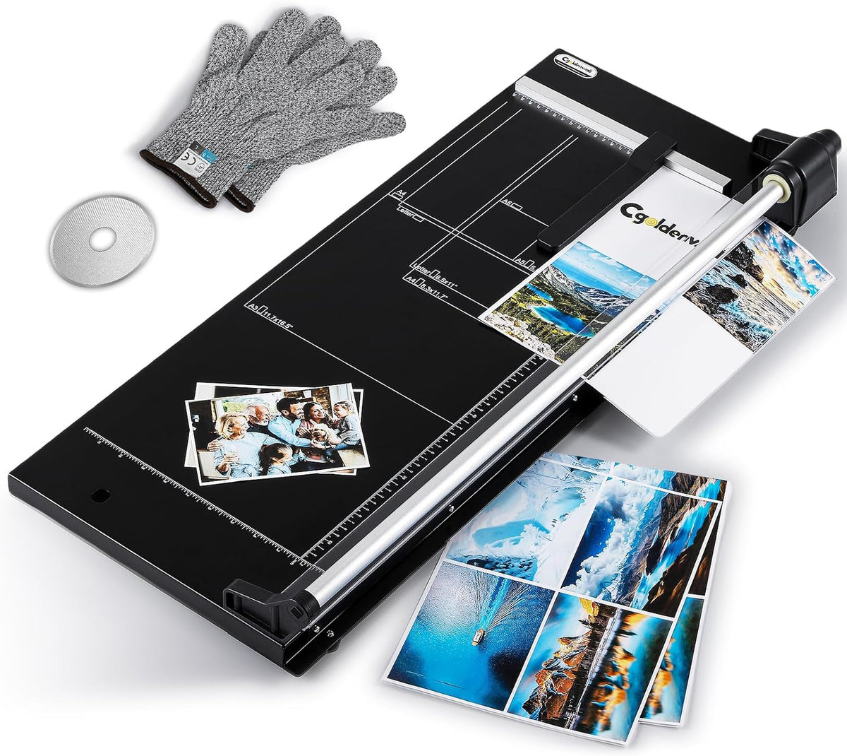 CGOLDENWALL A2 Rotary Paper Trimmer, 12 Sheets, w/Extra Blade & Gloves, for Cardstock Photo, Heavy Duty Paper Cutter for Offices Schools Crafts (24.8 Inch Cut Length)