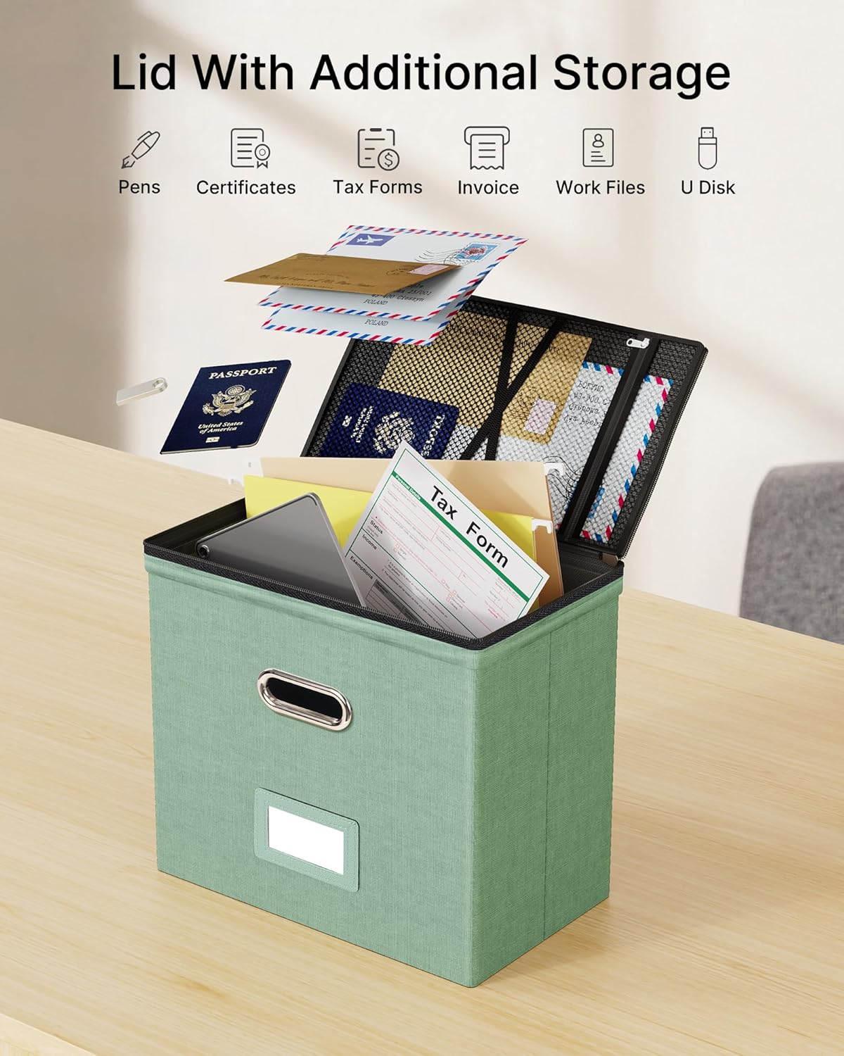 Oterri 1 Pack File Organizer Boxes with Lids, File Box with Mesh Pockets, Document Organizer Box for File Folders Letter Size, Zippers Filing Box for Home, Office, School (Green, Without Folders)