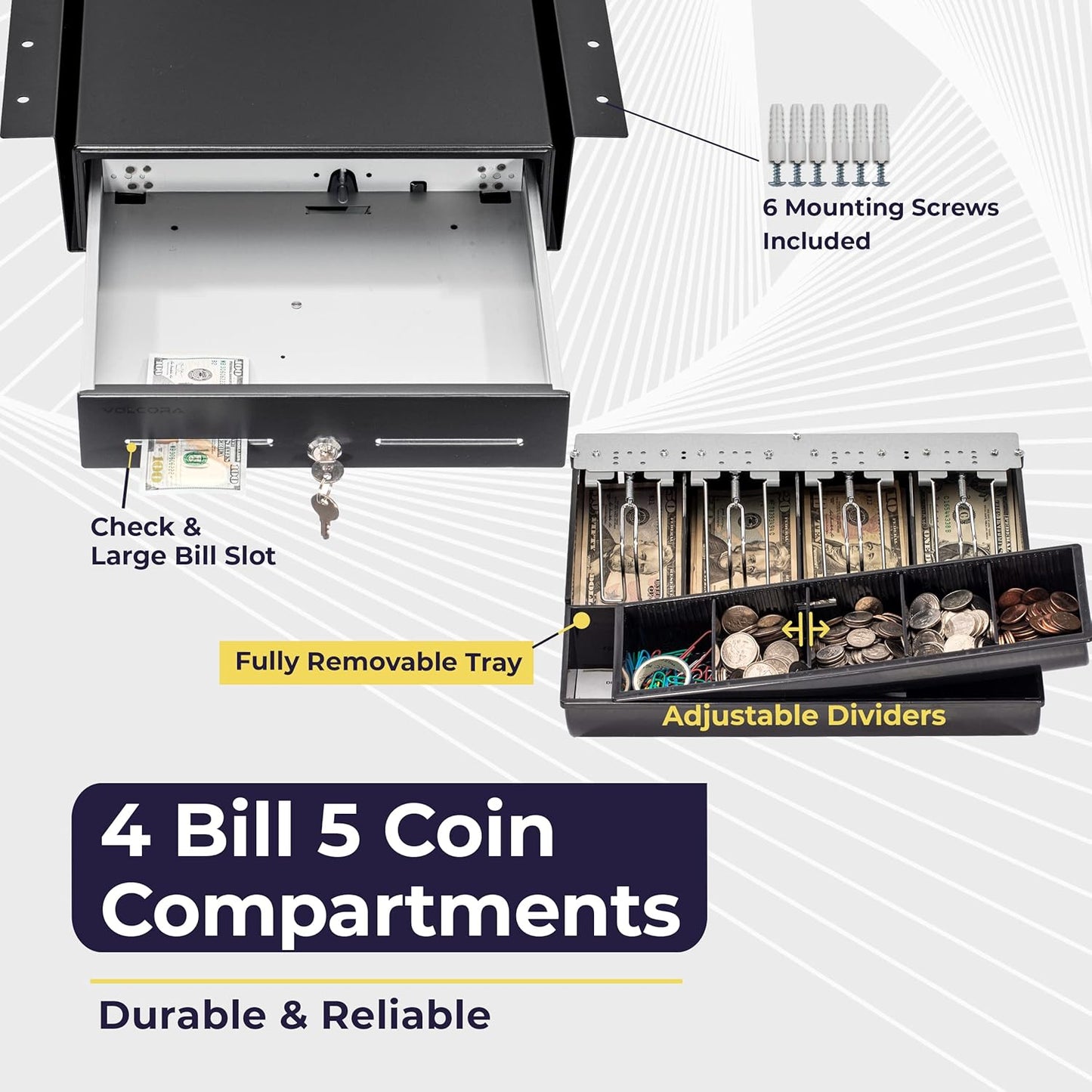 Volcora Cash Register Drawer with Under Counter Mounting Metal Bracket, 13" Black Cash Drawer for POS, 4 Bill 5 Coin Cash Tray, Fully Removable 2Tier Compartment 24V RJ11/RJ12 Key-Lock, 2 Media Slots