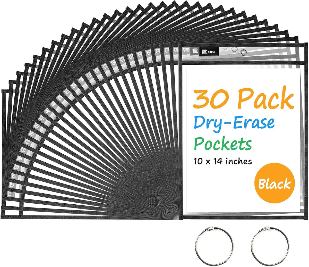 GNL Dry Erase Pocket Sleeves 30 Packs, Reusable Clear Plastic Ticket Holders with Rings, Durable & Easy-to-Erase Sheet Protectors, Black 10x14 Inch for Classroom & School Teacher Supplies