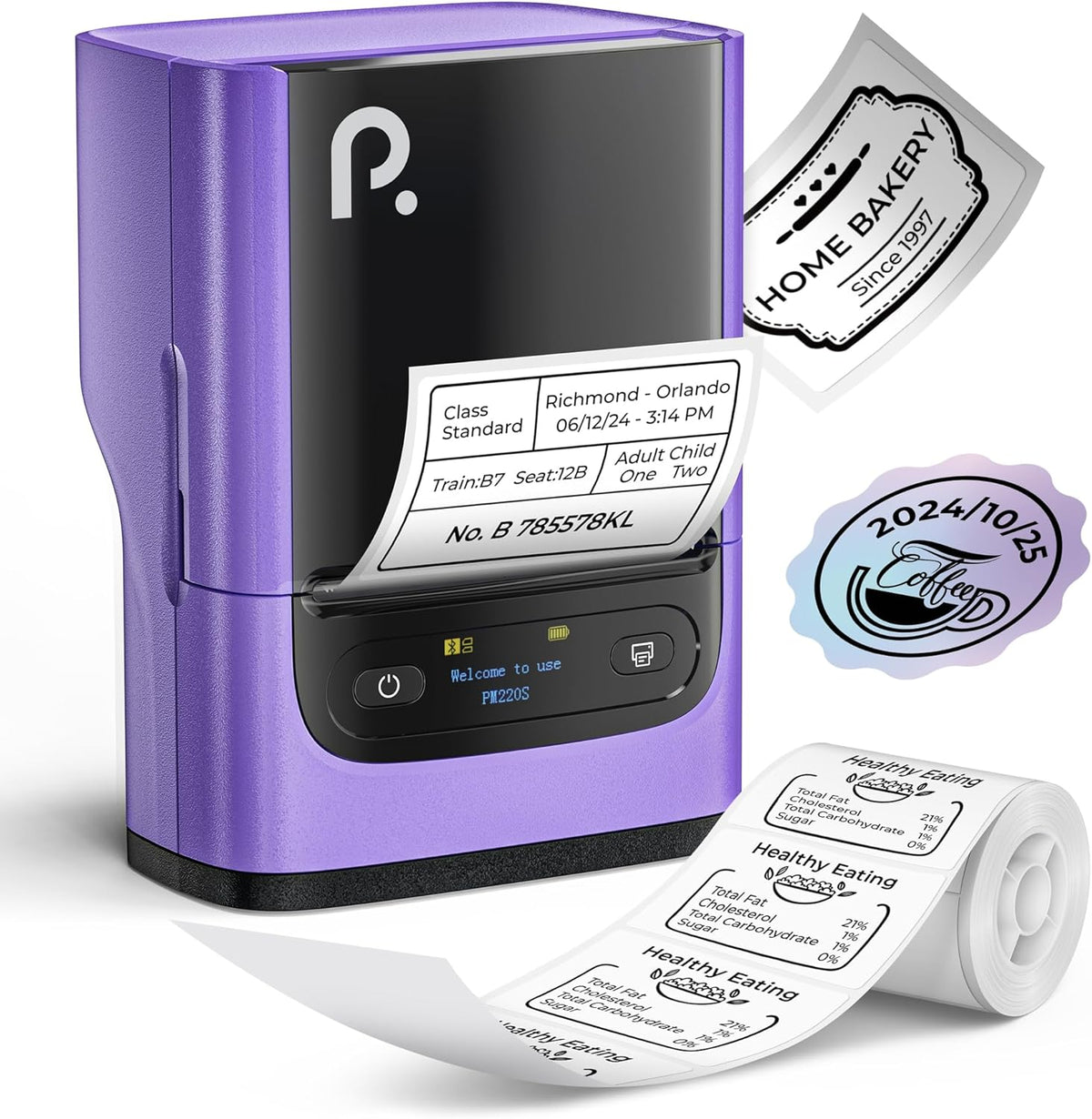 POLONO PM220S Label Maker Machine with Tape, 2 Inch Bluethooth Portable Thermal Label Printer for Small Business, Office, Home, Address, Logo Label, Sticker Printer for Phone/Tablet/PC, Purple