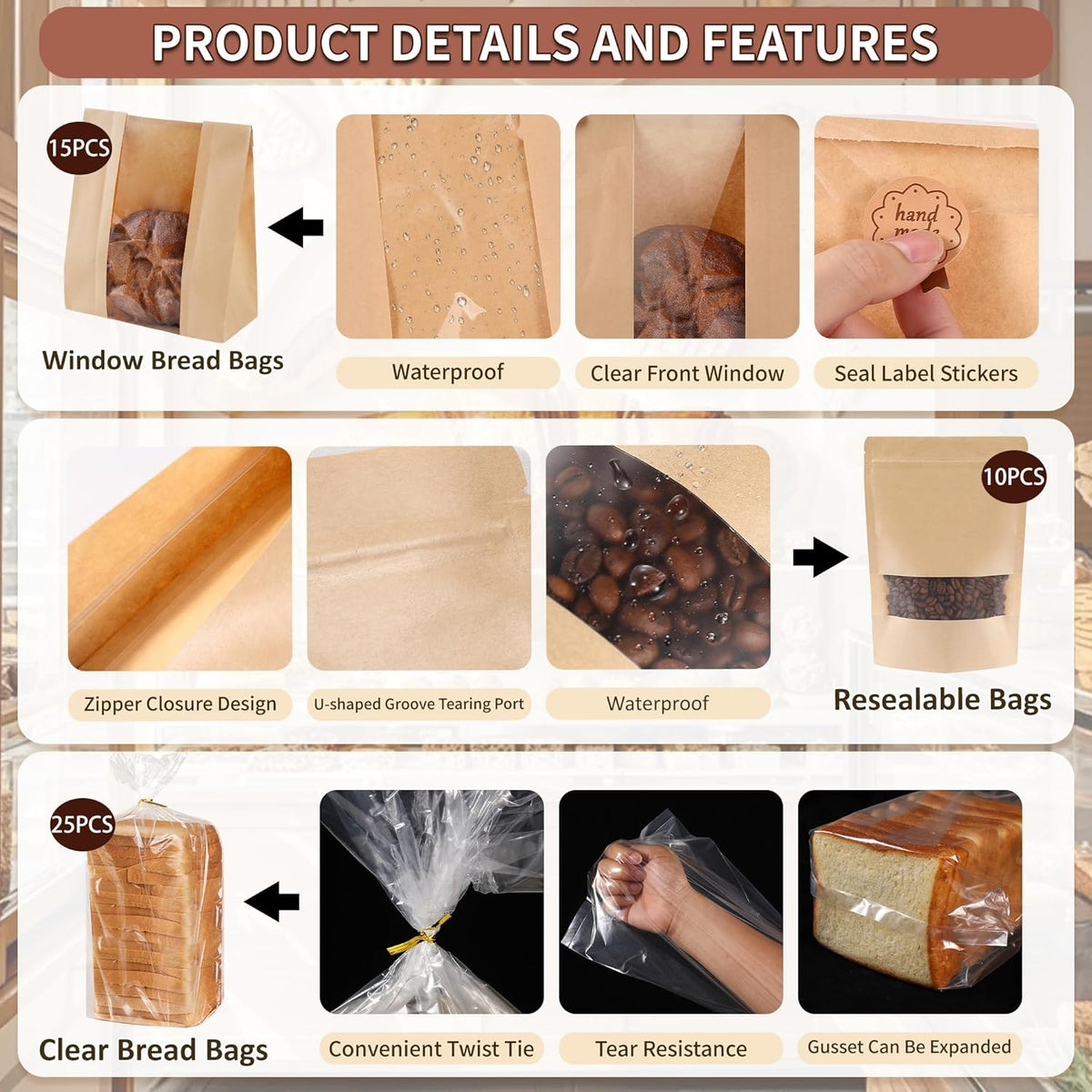 Bpole 3-in-1 Bread Bakery Bags - 50pcs Resealable Paper Plastic bakery Bags for Homemade Sourdough Bread Storage,Snacks,Sandwich, Candies and Cookies,Preservation Freshness
