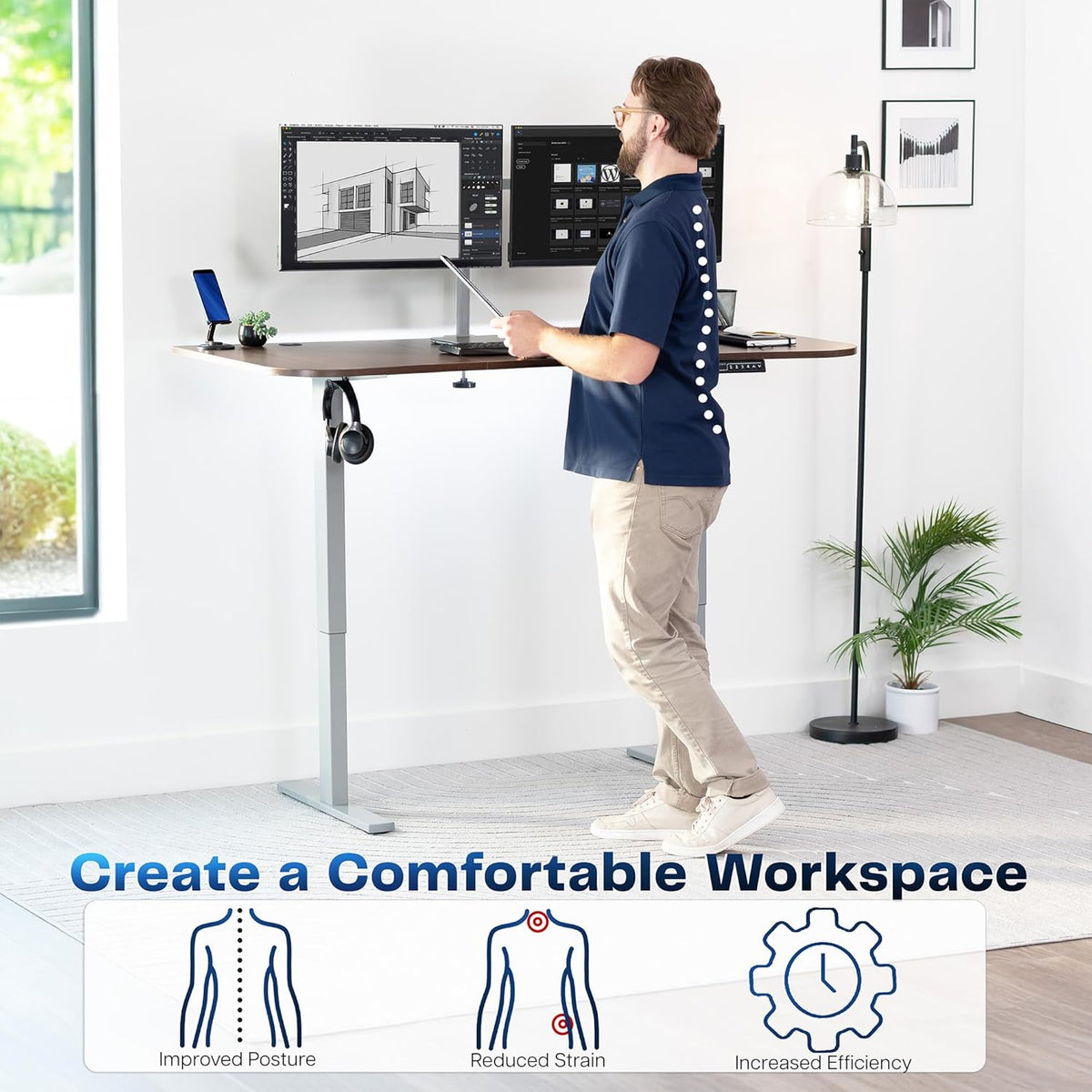VIVO Electric 63 x 32 in Standing Desk, Memory Height Adjustment, 1B Series, Dark Walnut Top Gray Frame, DESK-KIT-1G1D