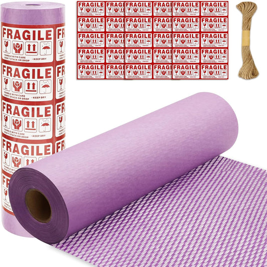 Honeycomb Packing Paper PINENUTS 15" x 131' Eco Friendly Packing Paper for Moving Recyclable Honeycomb Paper Bubble Paper Wrapping with 30 Fragile Sticker Labels and 66fthemp rope (Light purple)