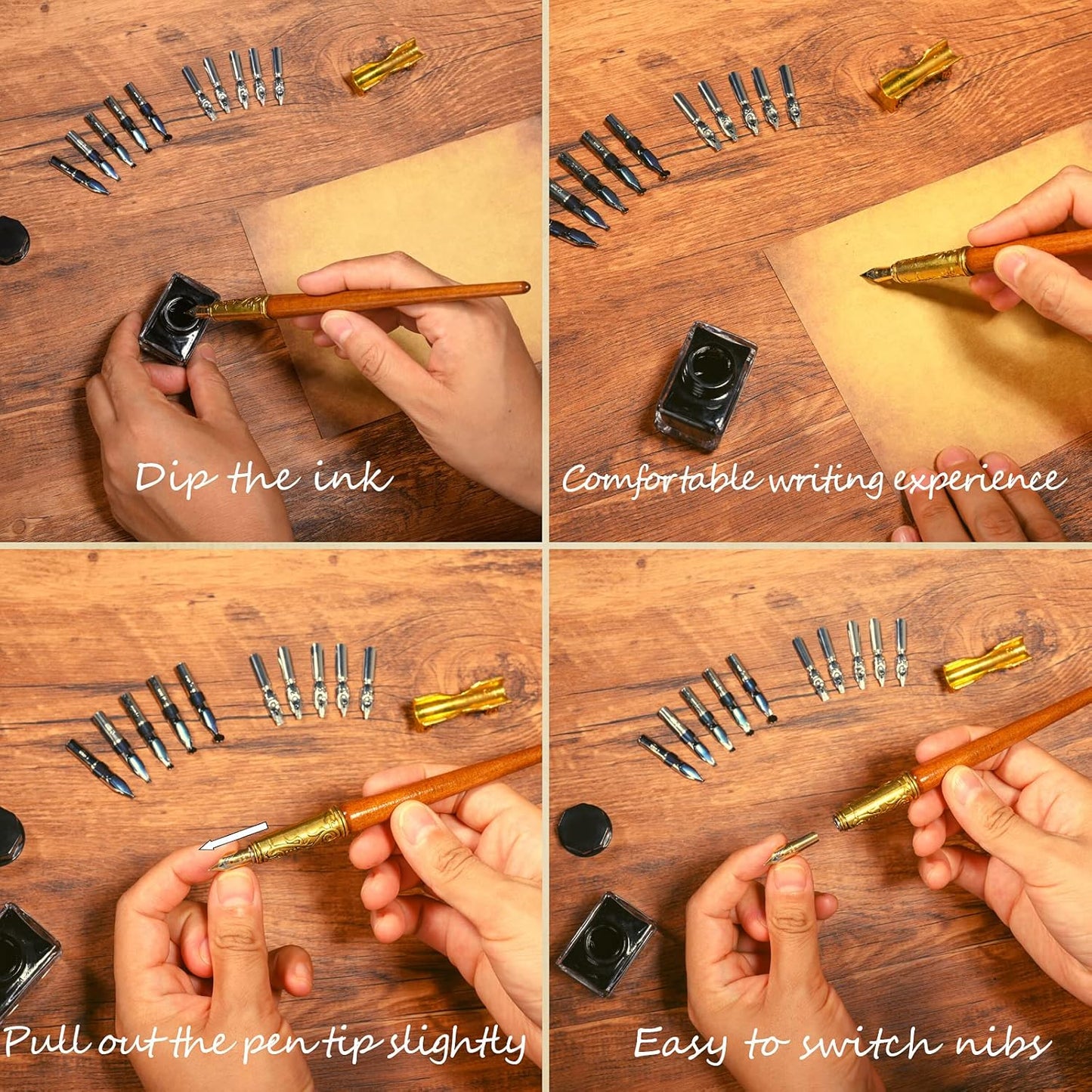 Calligraphy Pen Set，Vintage Fountain Wooden Glass Dip Pen Ink Writing Pen with 8 Colors of Ink 10 Types of Replaceable Nibs 2 Pen Holders Exquisite Present for Beginners