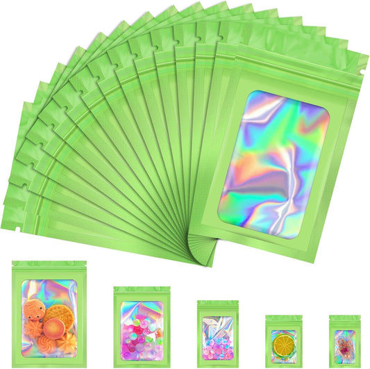 100 Pcs Mylar Bags, Smell Proof Bags Foil Pouch, Holographic Resealable Bags for Small Business, Candy Sample Jewelry Bag Sealable Packaging for Party Favor Food Storage (4x6in-Green)