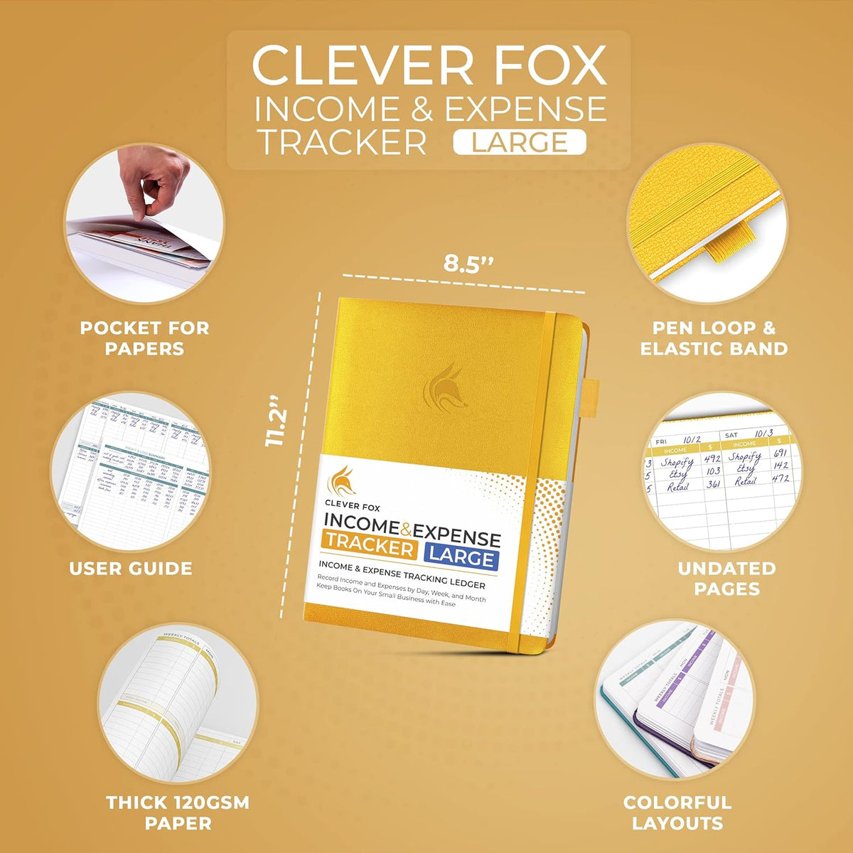 Clever Fox Income & Expense Tracker Large – Accounting & Bookkeeping Ledger Book for Small Business – 2-Year Record Notebook, A4 (Amber Yellow)