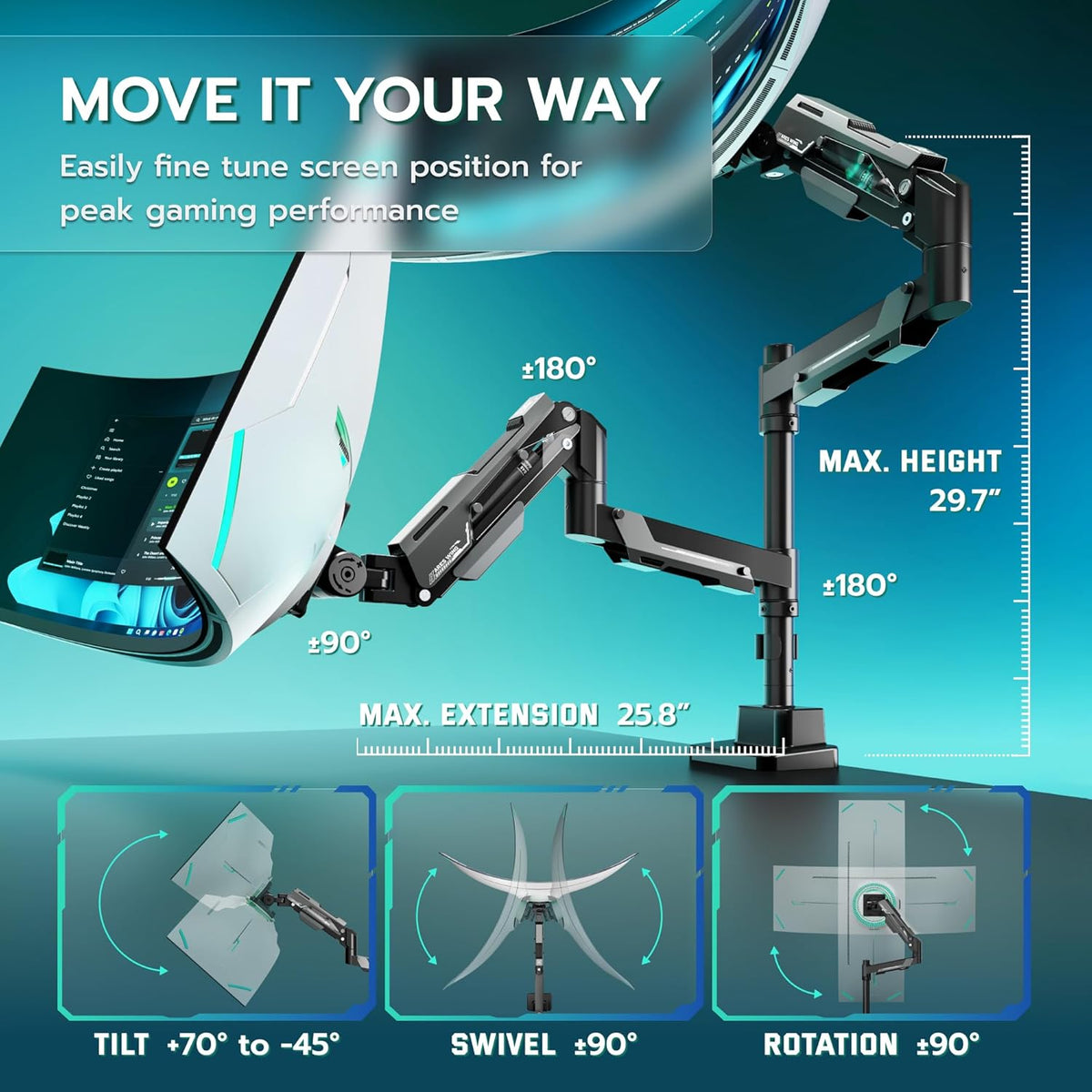 ARES WING Vertical Dual Monitor Mount - 24-57" Aluminum Heavy Duty Monitor Arms for 2 Monitors, Fully Adjustable Gas Spring Stacked Monitor Stand with 75/100/200 Vesa Mount, Black