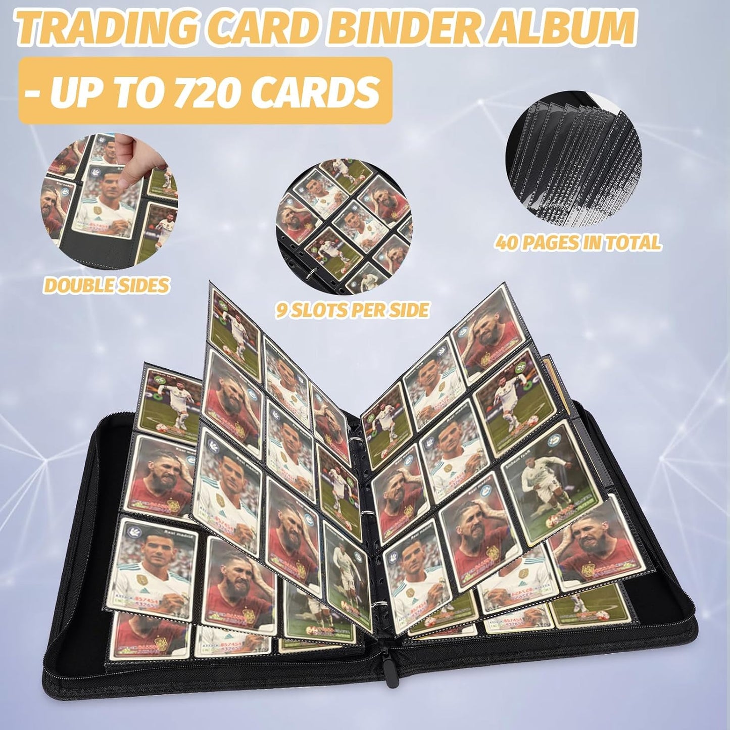 9 Pocket Card Binder, Premium Zip Trading Card Binder, 720 Double Sided Pocket PU Card Collection Binder, Collector Card Album, Card Folder for MTG, TCG, Sports Cards, Game Cards (White)