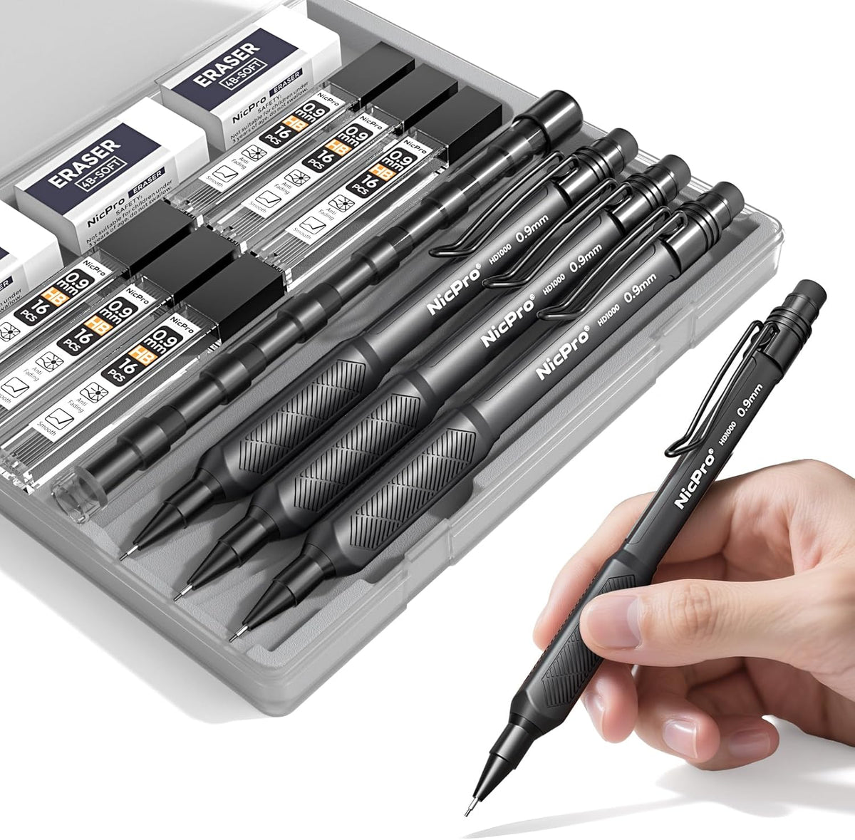 Nicpro Art Mechanical Pencil 0.9mm with Case, 3PCS HD1000 Hevey Duty Lead Pencils With 6 Tube HB 0.9 Lead Refill, Eraser, Weatherproof Barrel Pencil Set for Outdoor Writing Drafting Drawing Sketching