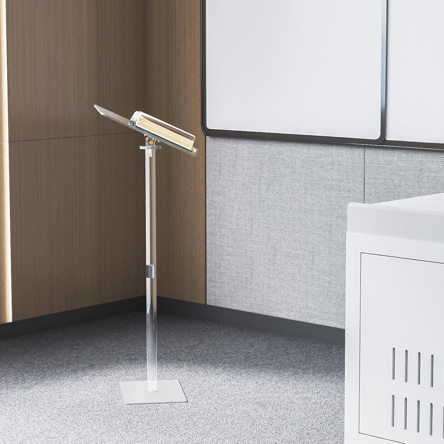 HMYHUM Acrylic Podium Stand, Angle Adjustable, Modern Lecterns & Pulpits for Classroom, Concert, Church, Speech, Easy Assembly, Metal Base, 23.6" L x 15.7" W x 42.3" H, Clear