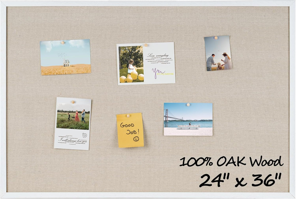 Fun Memories Cork Board Bulletin Board for Office, 24" x 36" Oak Wooden Framed Corkboard, Wall Mounted Notice Pin Board for School Home & Office, White